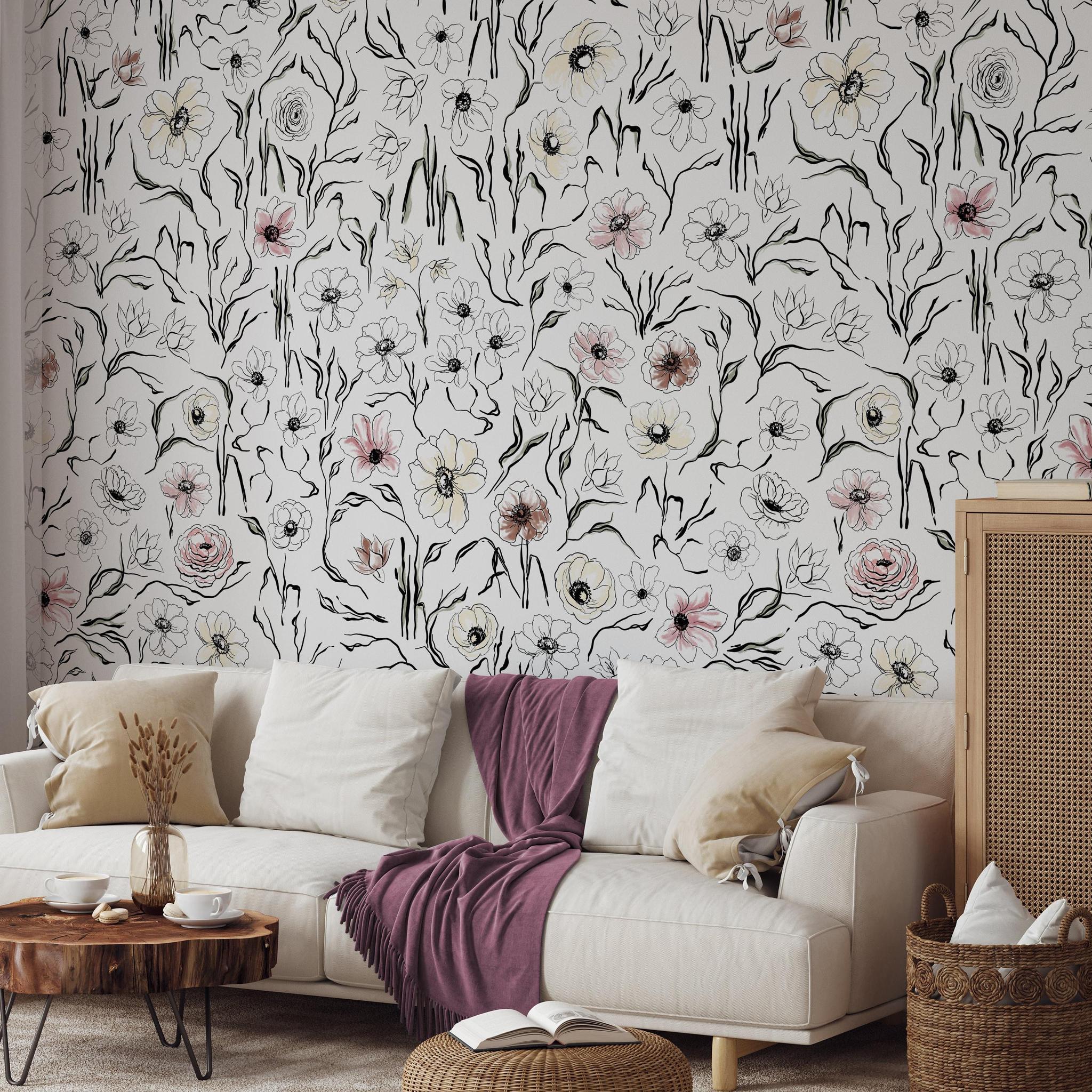 Scribe Wallpaper by Wall Blush SG02 accentuates modern living room design with its floral elegance.