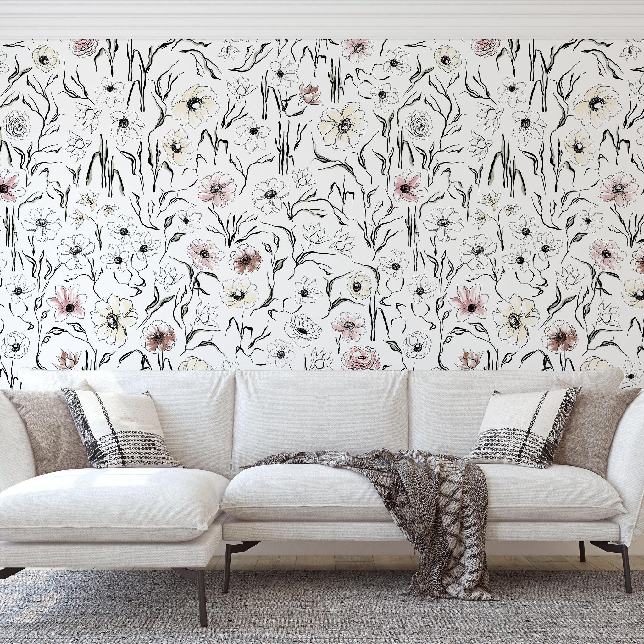 Scribe Wallpaper by Wall Blush SG02 in a chic living room with floral pattern focus