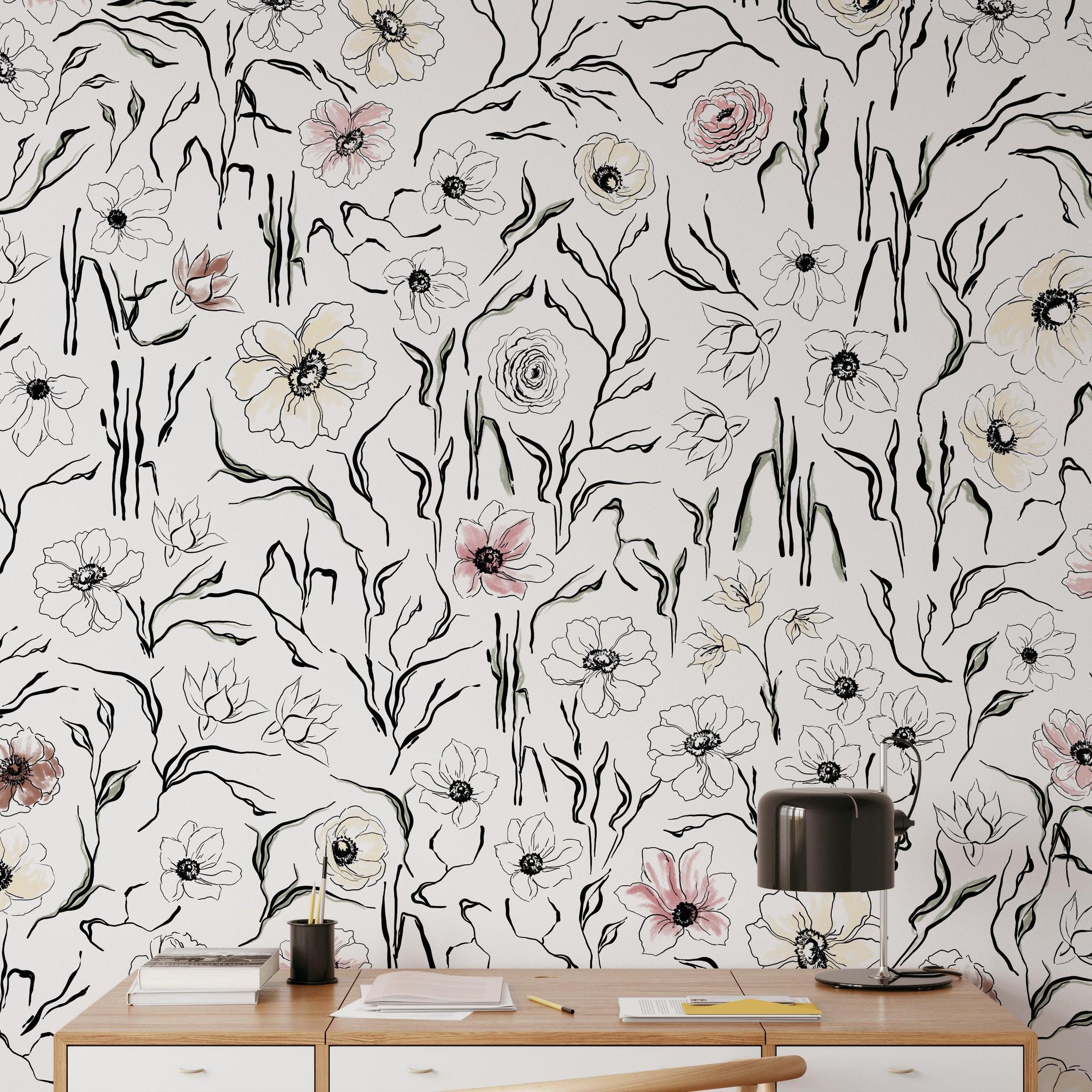 Scribe Wallpaper by Wall Blush SG02 in a stylish home office, with focus on floral wall decor.