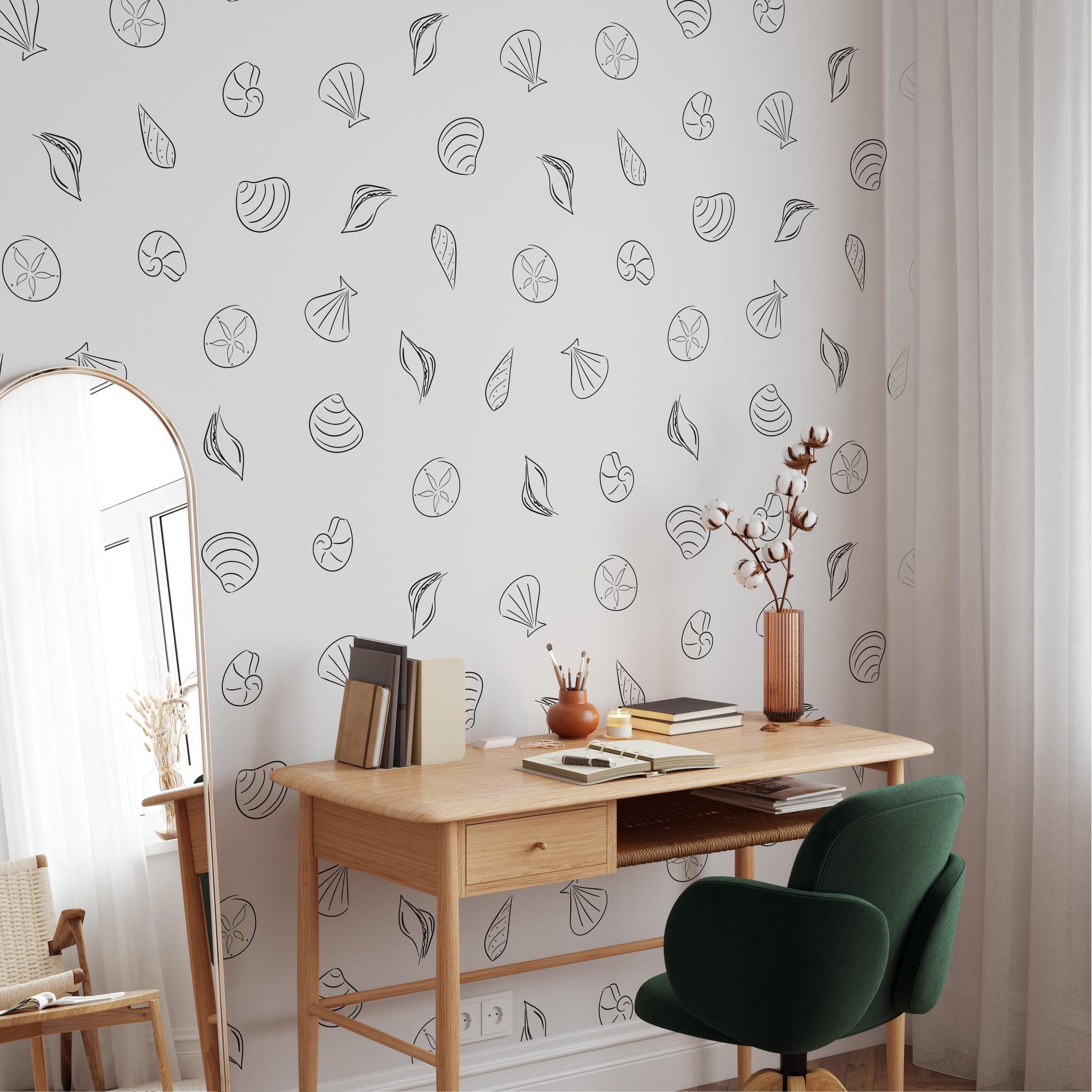 "Wall Blush Seashore Wallpaper in a modern home office, featuring creative seashell patterns for stylish decor."