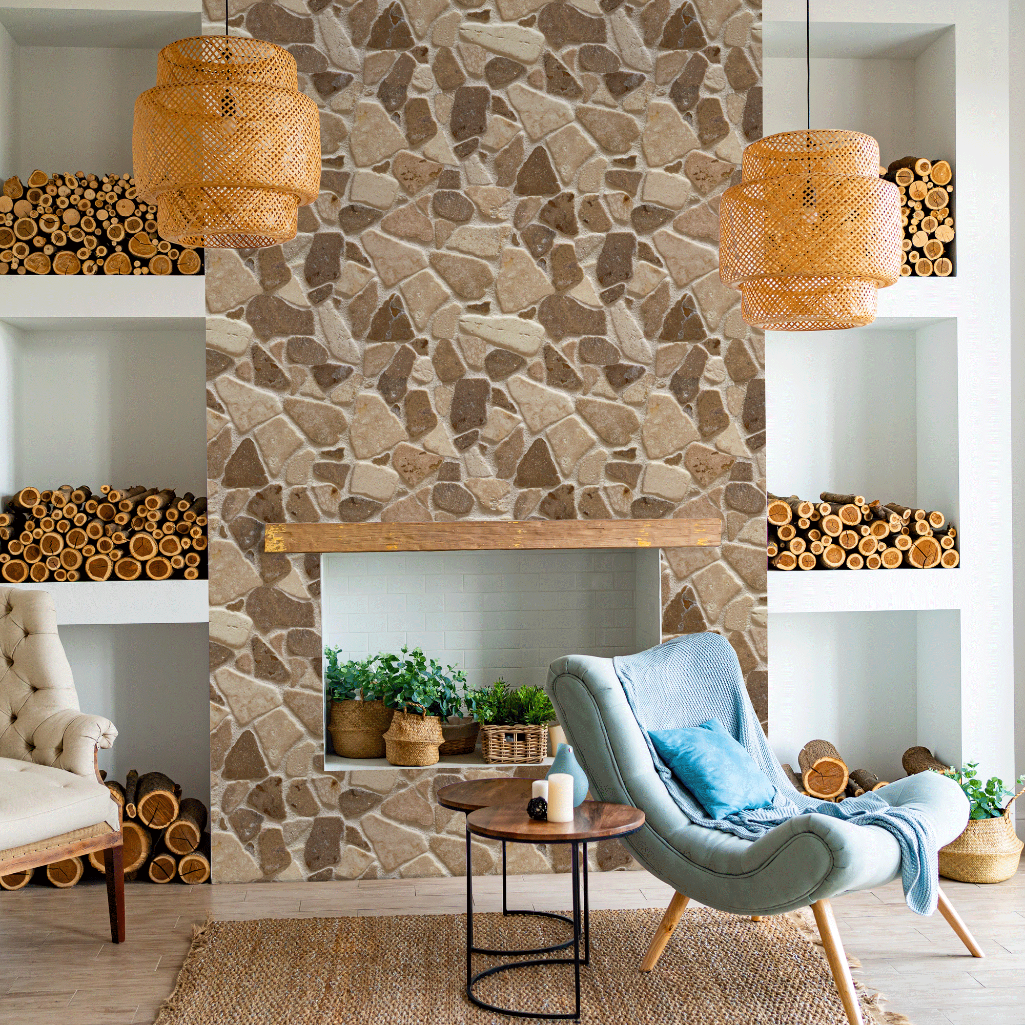 The Abbey Wallpaper by Wall Blush AW01 in cozy living room, showcasing stone pattern focus