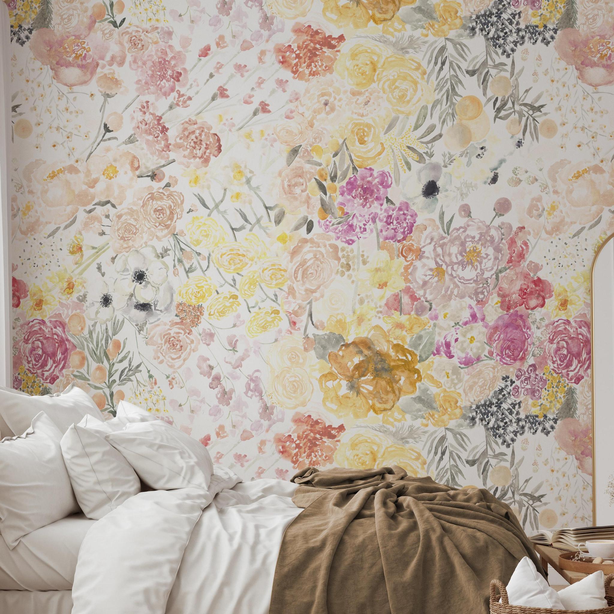 Cozy bedroom featuring the Spring Fling Wallpaper by The Salem Gideon Line with floral design focus.