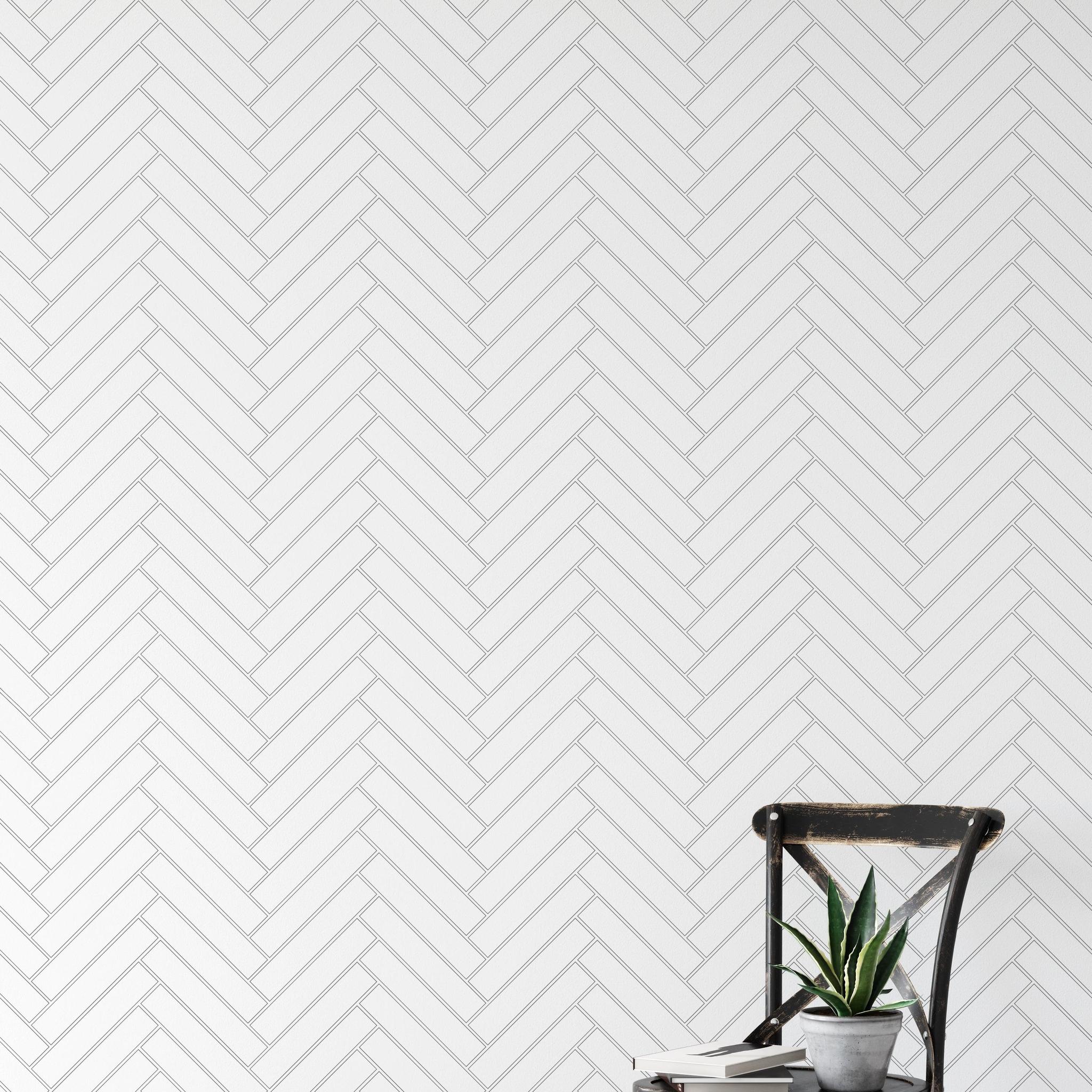 Stitch Wallpaper by Wall Blush in a minimalist living room, enhancing a serene ambiance with a herringbone pattern.