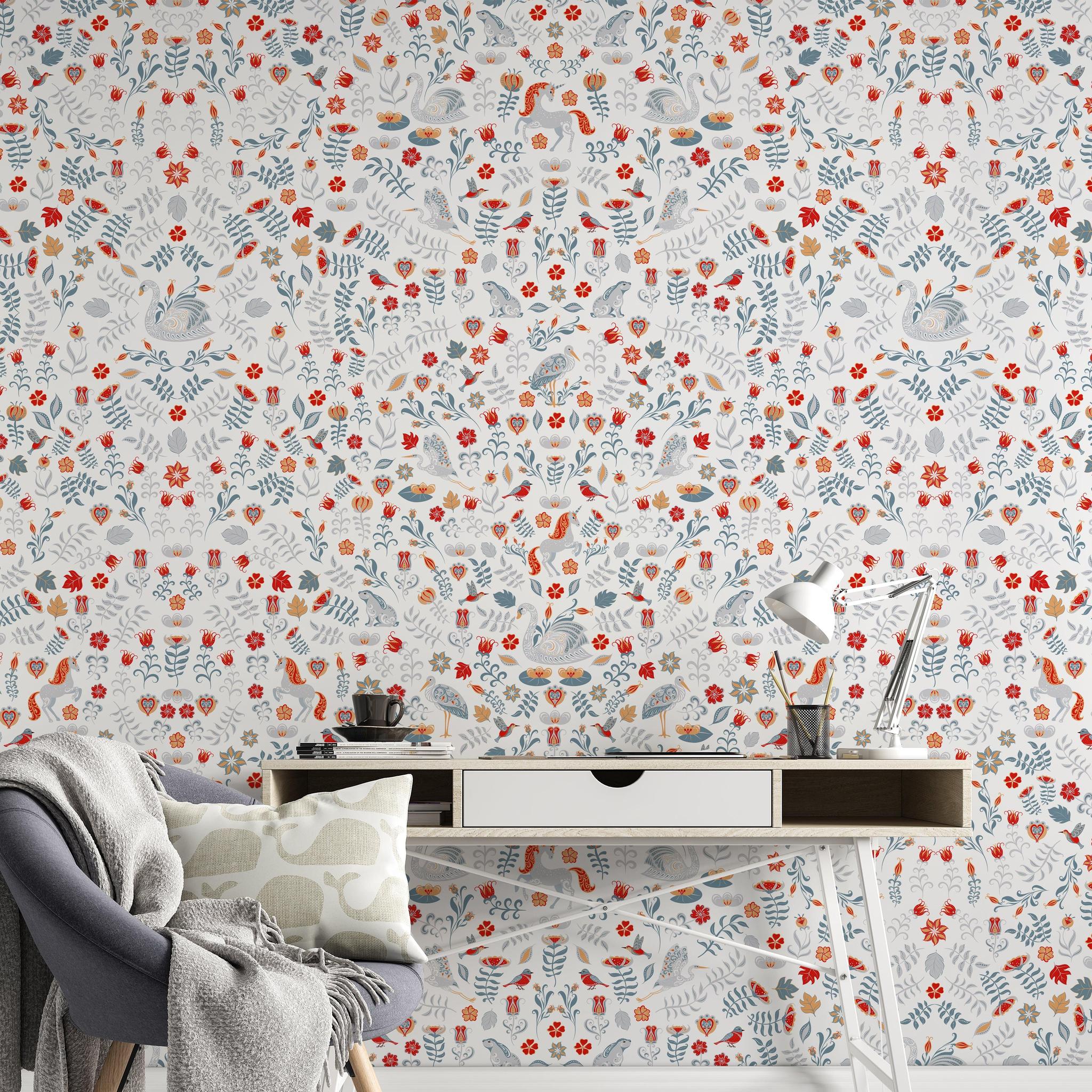Storybook Wallpaper by Wall Blush SG02, featuring whimsical patterns in a cozy home office.