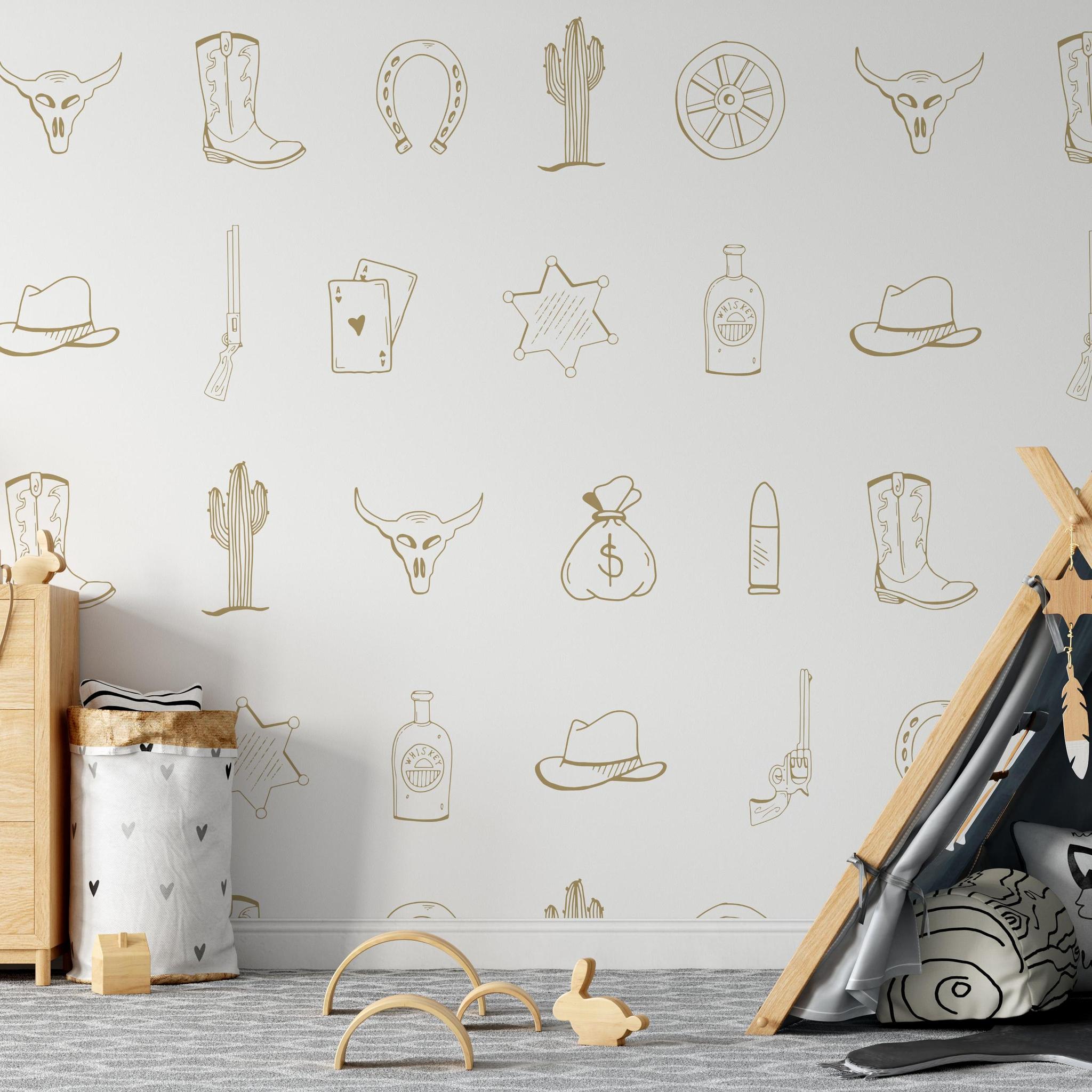 Child's room featuring Outlaw (Tan) Wallpaper by Wall Blush SG02 with whimsical Wild West motifs.