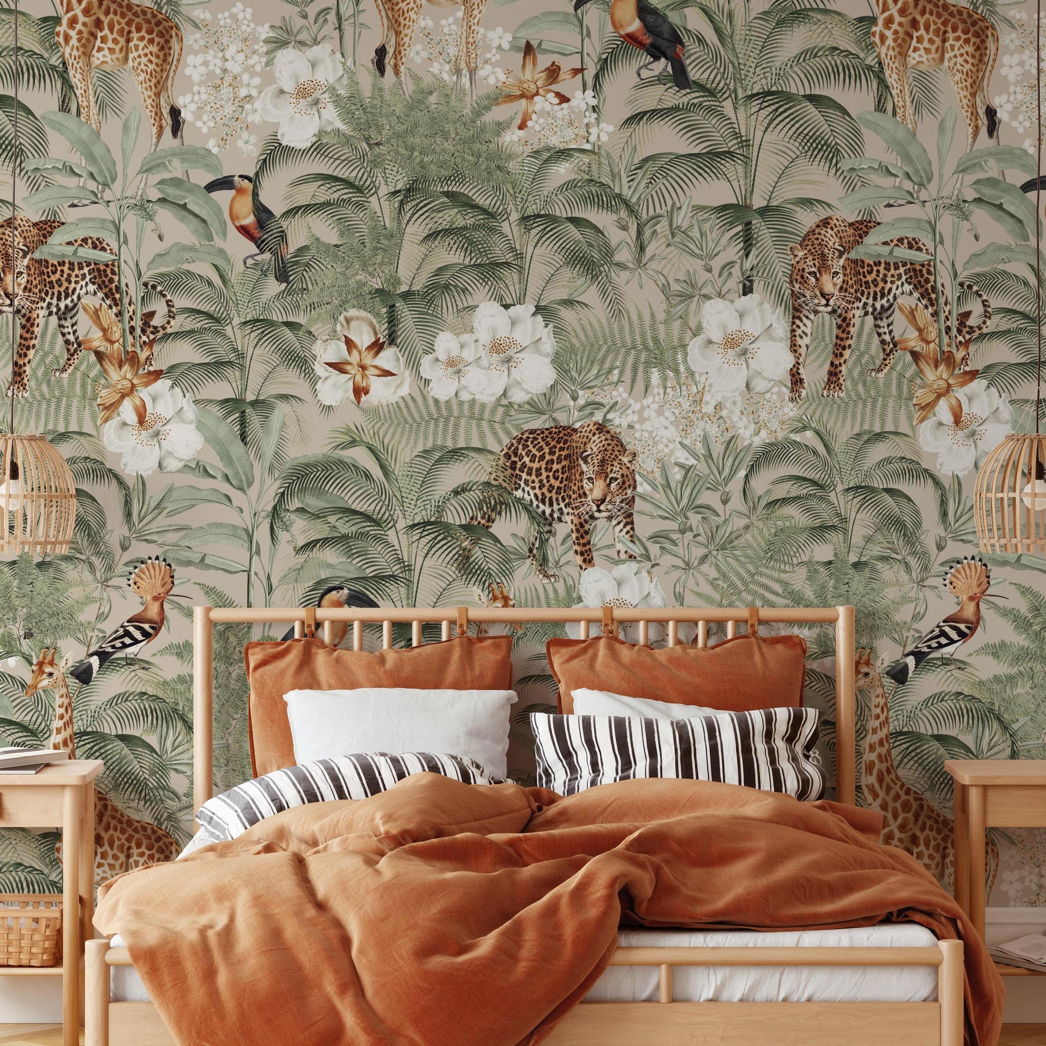 Tanzania Tan Wallpaper by Wall Blush SG02 in a stylish bedroom, showcasing a vibrant jungle theme.