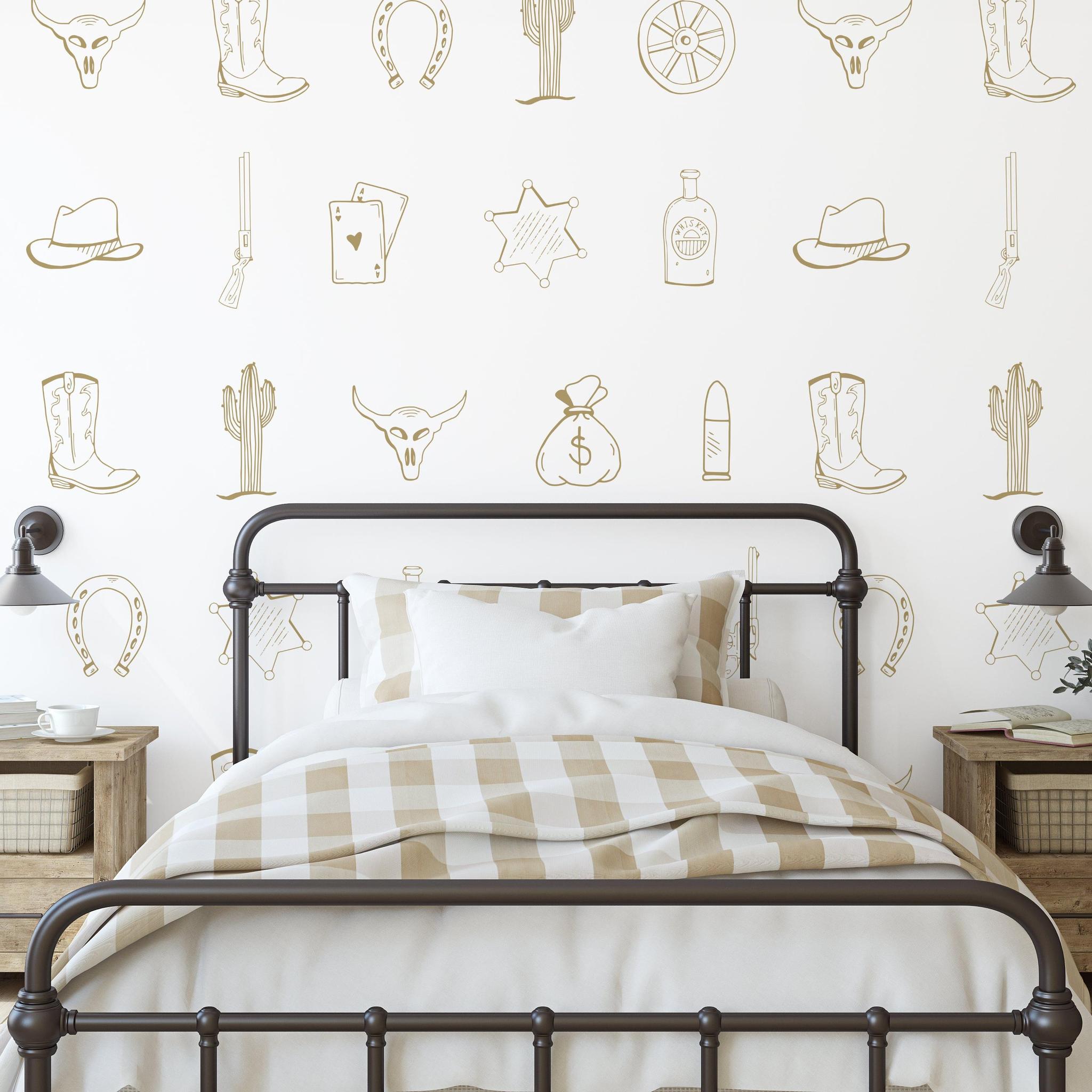 Outlaw (Tan) Wallpaper by Wall Blush SG02 featured in a stylish, cozy bedroom with a focus on the wall decor.