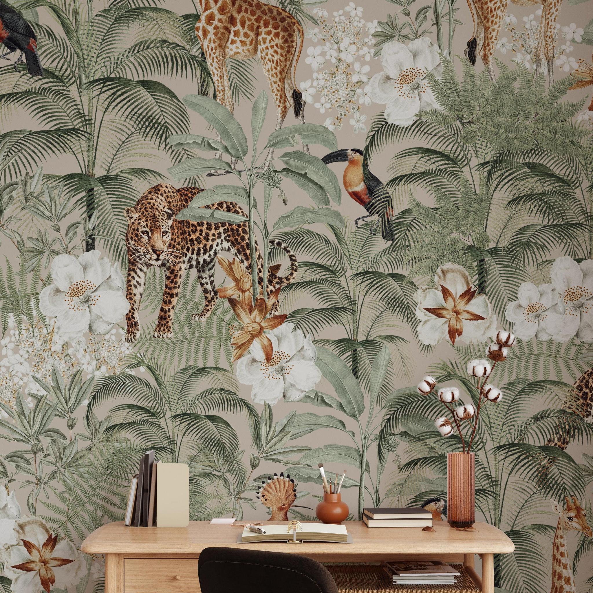 Wall Blush SG02 Tanzania Tan Wallpaper in stylish home office with exotic animal motif.