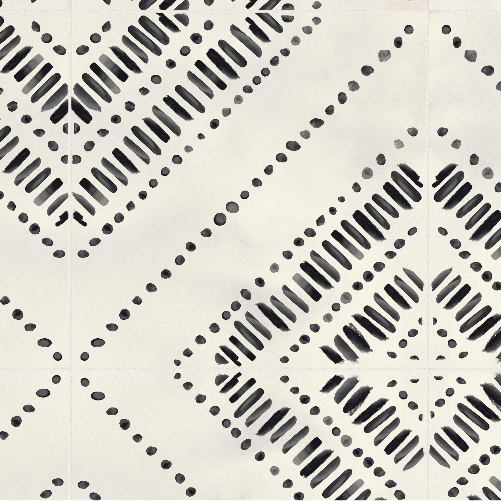 "Wall Blush Anomaly Wallpaper in a modern living room, featuring geometric black and white pattern focus"