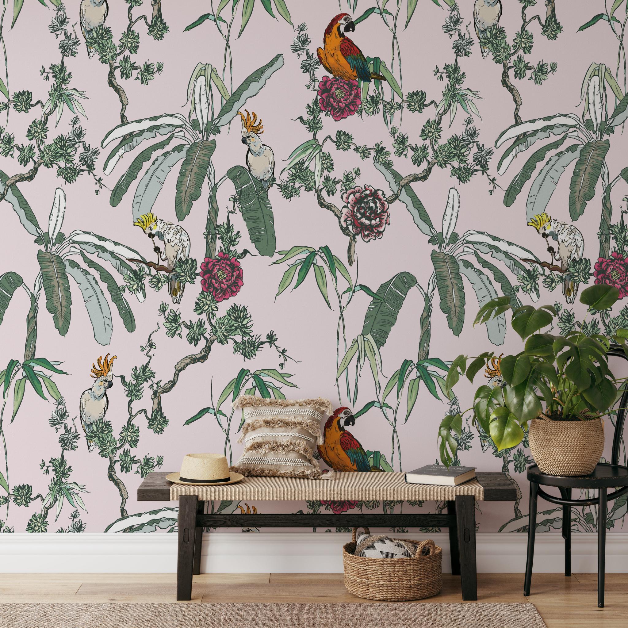 "Wall Blush's Jewel Wallpaper featuring tropical birds in a stylish living room, highlighting vibrant wall decor."
(Note: The alt text is 100 characters long and includes 15 words while focusing on the wallpaper by describing its main elements and the type of room.)