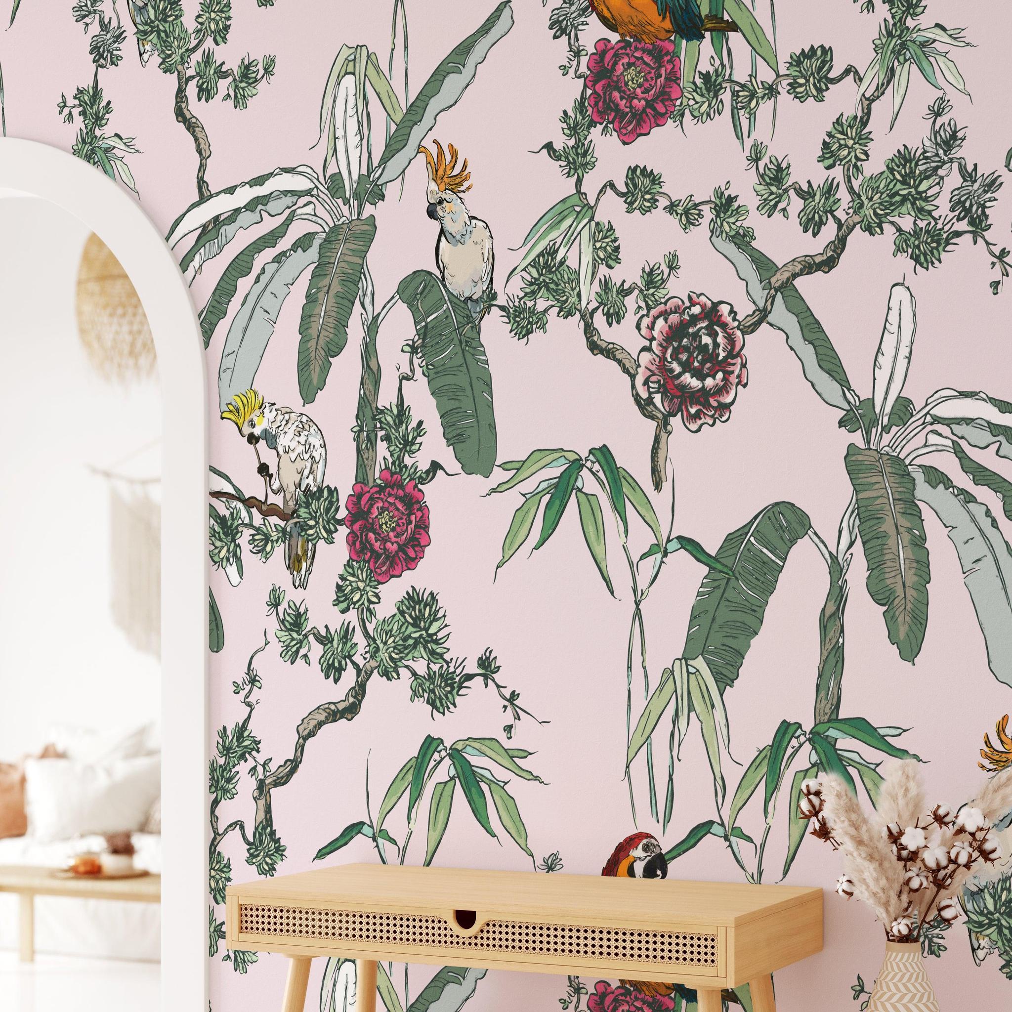 Wall Blush SG02 Jewel Wallpaper featuring tropical birds in a stylish living room setup, highlighting elegant wall decor.