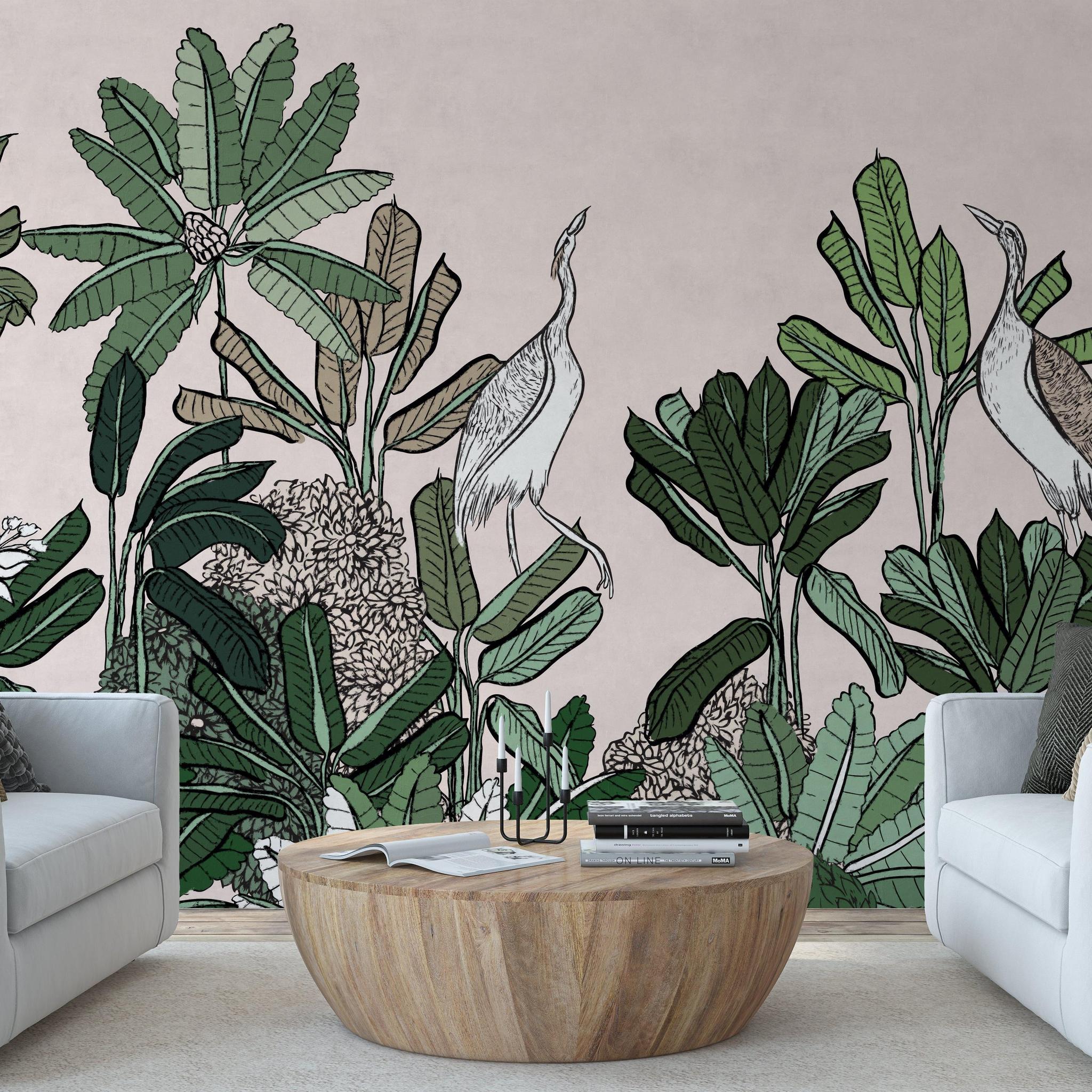 Ardea Wallpaper by Wall Blush SG02 in a modern living room with a botanical design focus.