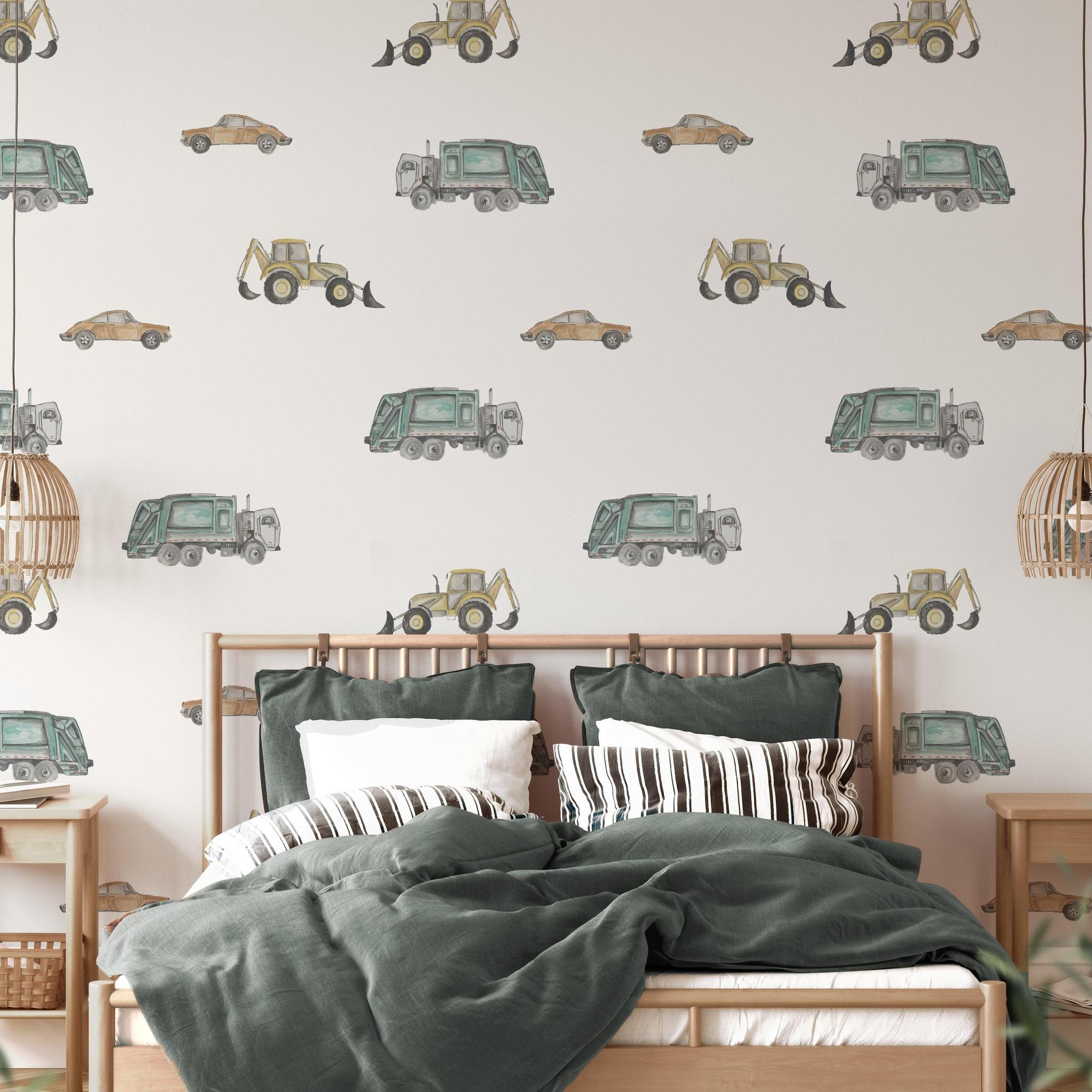 Wheels on Wheels Wallpaper by The Salem Gideon Line in a stylish bedroom, highlighting the playful design.