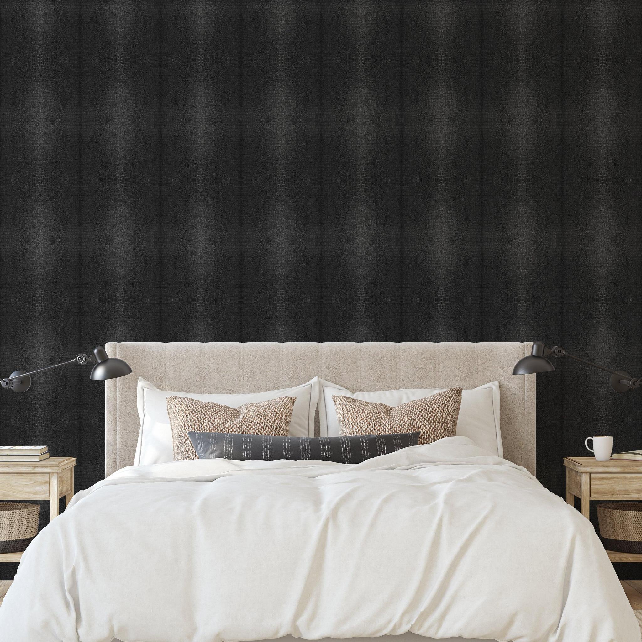 Victoria Wallpaper by The Chelsea DeBoer Line in a modern bedroom, highlighting elegant dark-textured wall decor.