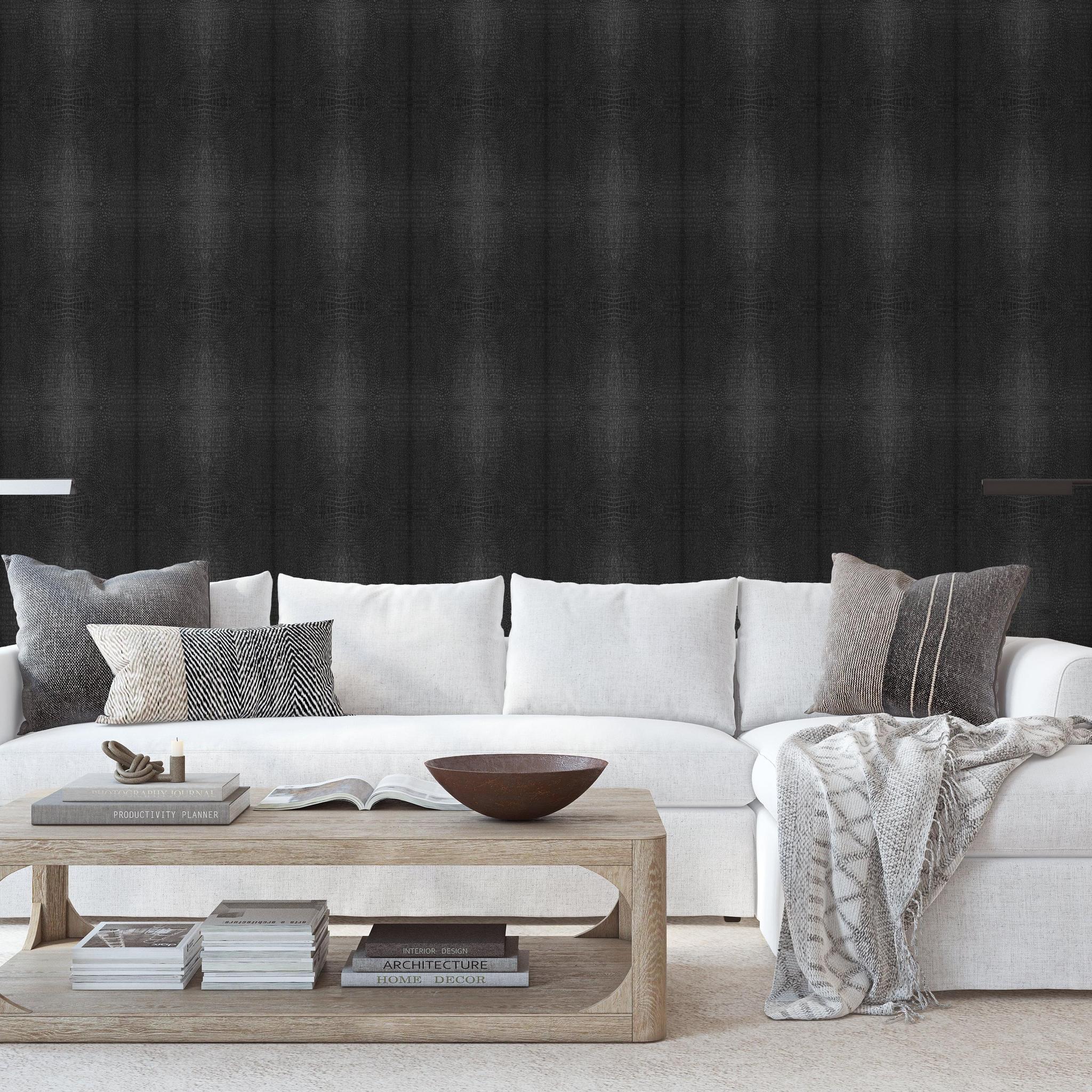 Victoria Wallpaper from The Chelsea DeBoer Line featured in a modern living room with elegant black wall focus.