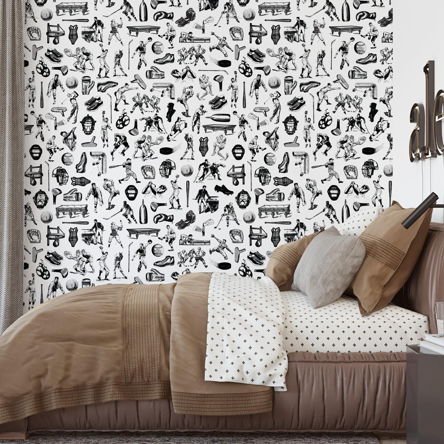 Modern bedroom showcasing Letterman (Black) Wallpaper by Wall Blush SG02, highlighting stylish wall decor.