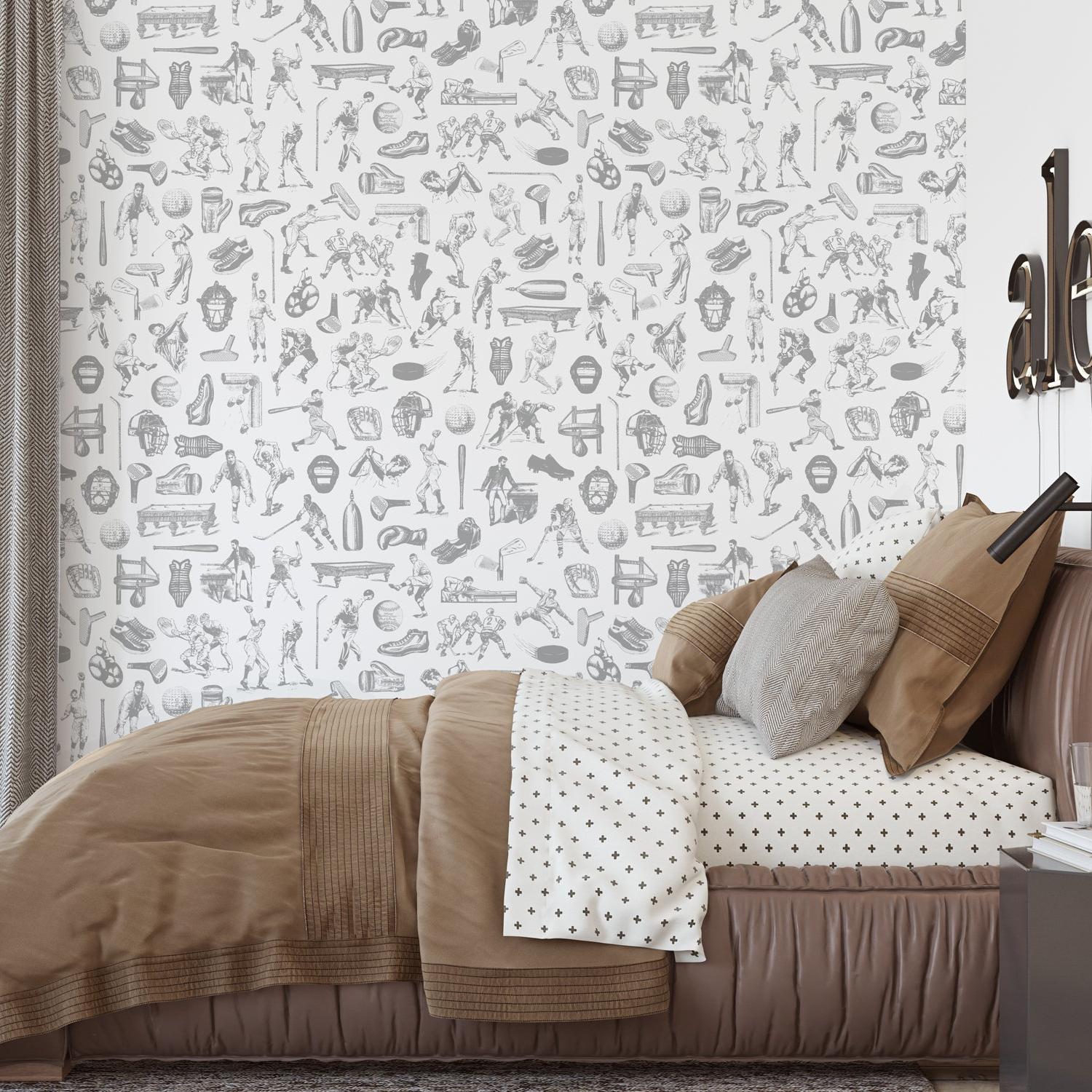 Modern bedroom featuring Letterman (Grey) Wallpaper by Wall Blush SG02, showcasing its stylish and bold design.