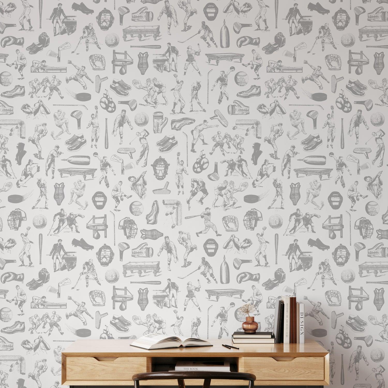 Wall Blush SG02 Letterman Grey Wallpaper in stylish home office, with focus on textured wall decor.