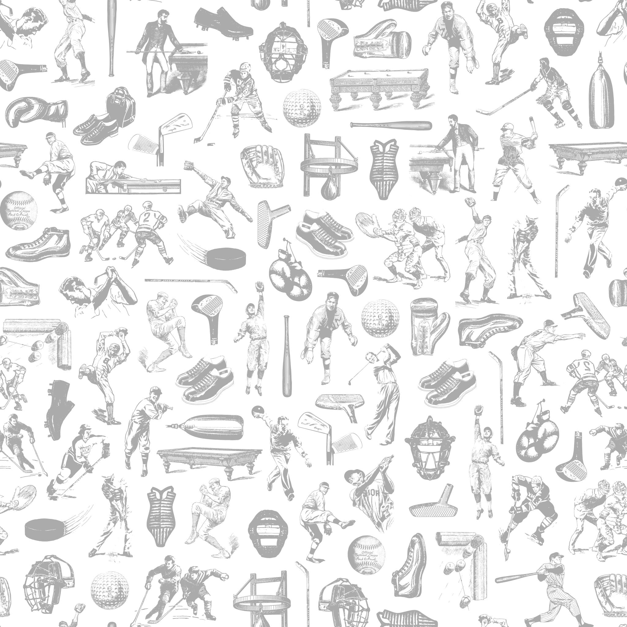 "Wall Blush's Letterman (Grey) Wallpaper featuring vintage sports motif in a stylized home office setting."