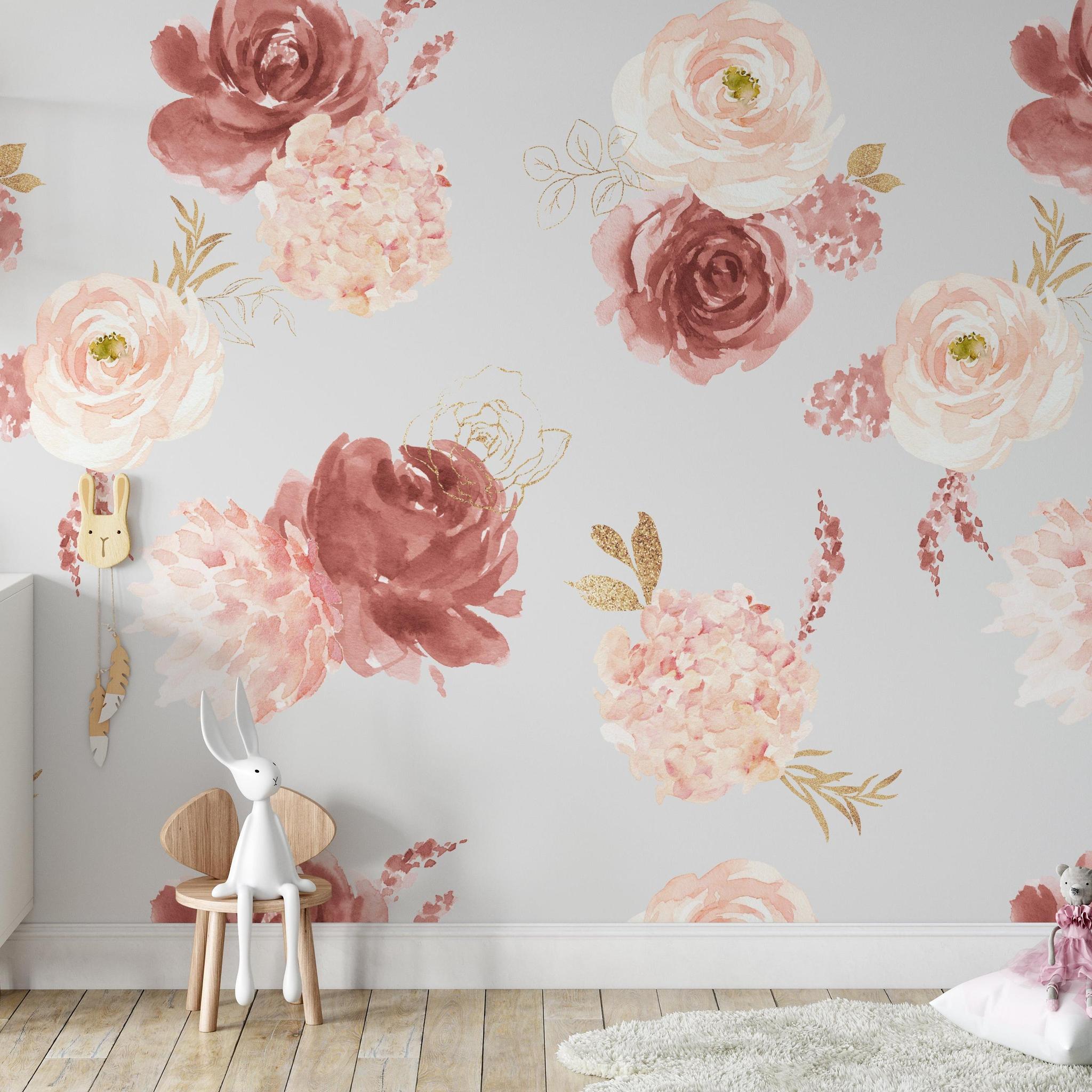 Charming children's room featuring The Clements Crew Line's Vogue Wallpaper with floral patterns.