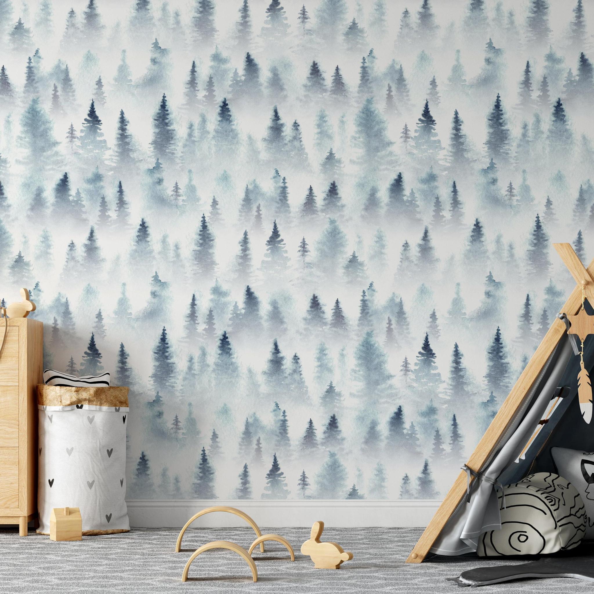 Wanderer Wallpaper by Wall Blush with a forest design in a stylish kids' room, highlighting cozy decor accents.