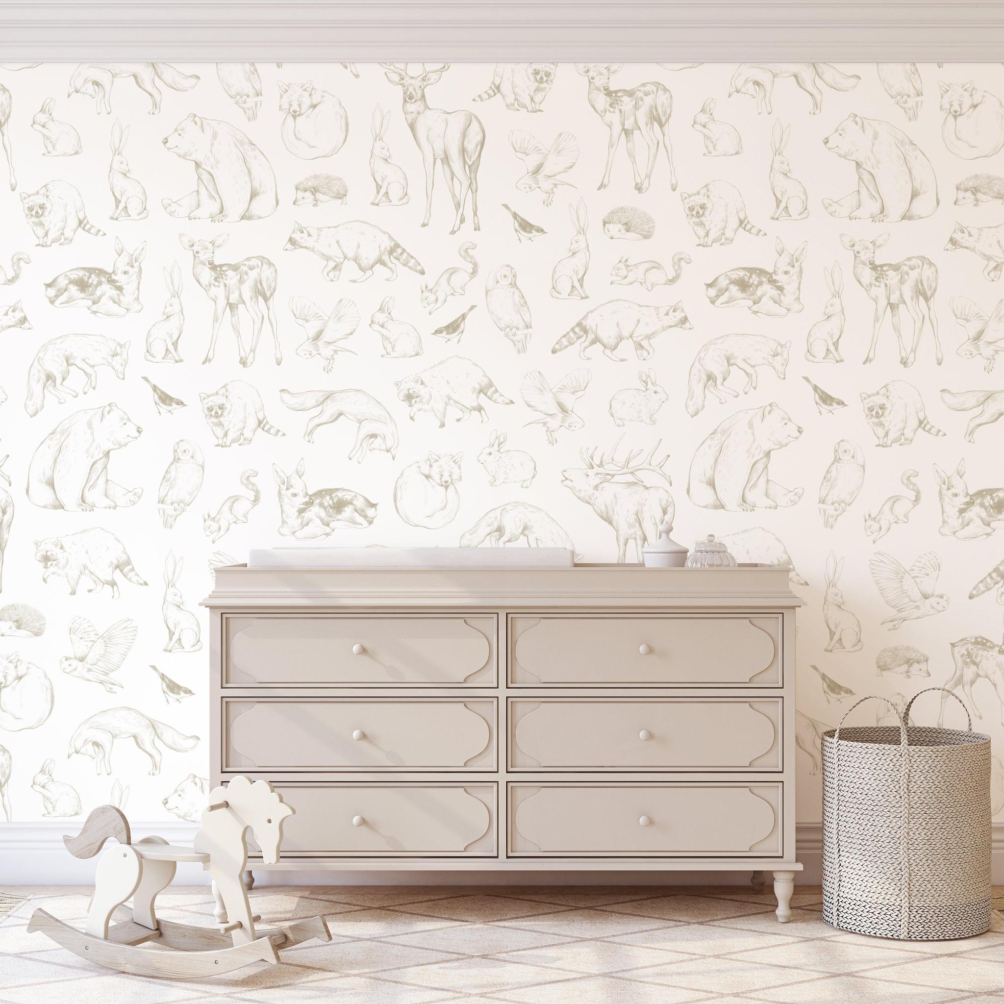 Waverley Wallpaper by Wall Blush SM01 in a stylish nursery with animal designs as focus