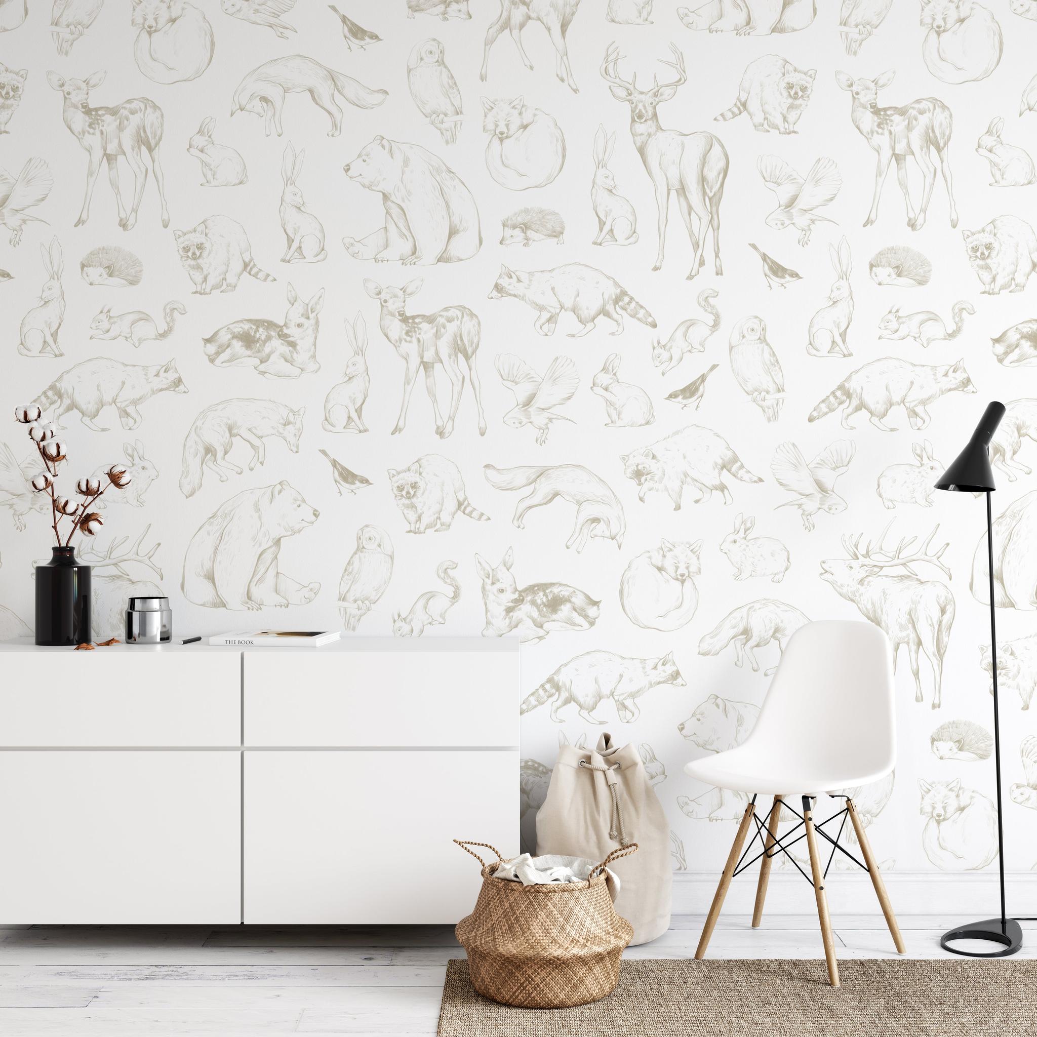 "Waverley Wallpaper by Wall Blush featured in a modern living room, showcasing elegant wildlife pattern focus."