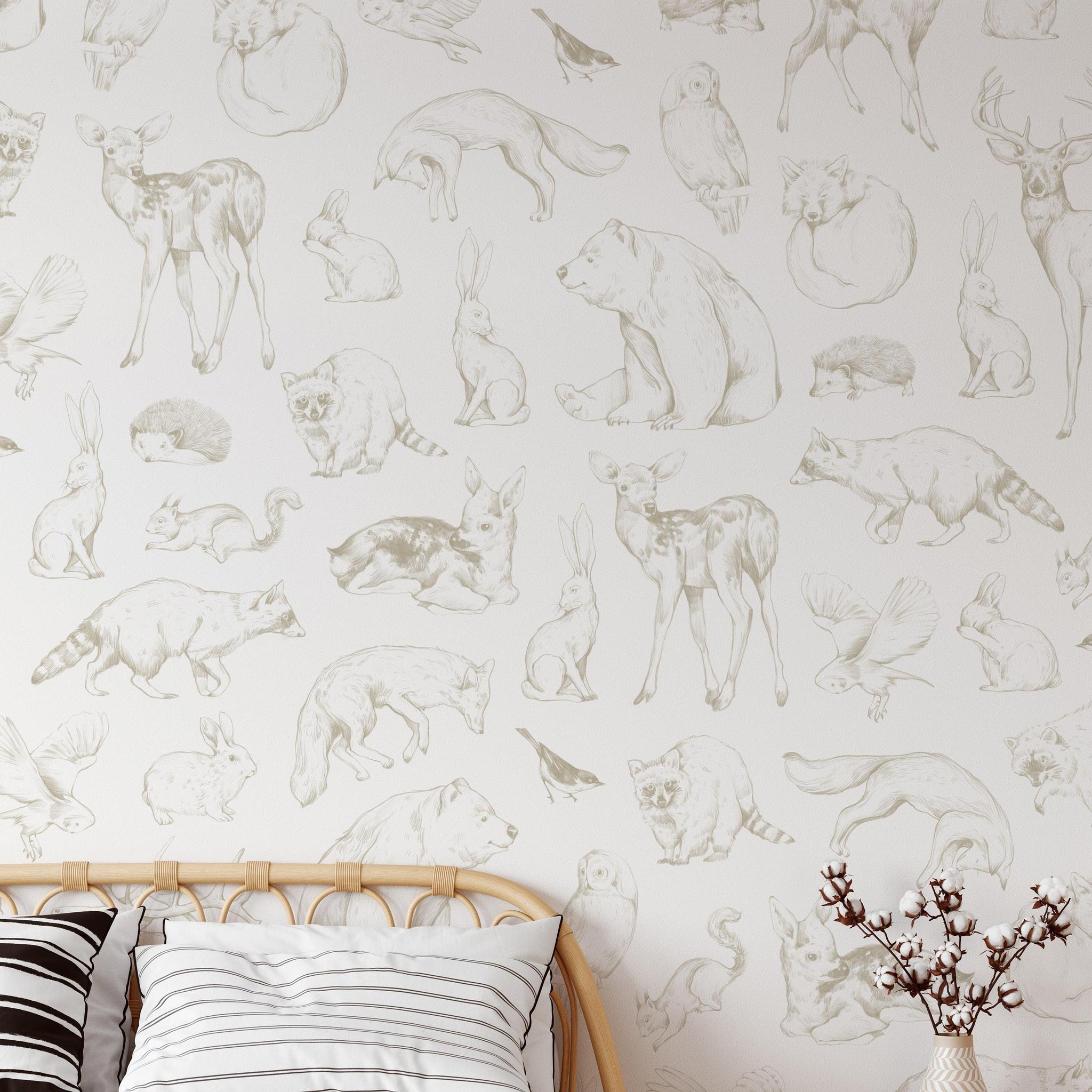 Waverley Wallpaper by Wall Blush SM01 in a stylish bedroom, showcasing animal illustrations with cozy decor focus.