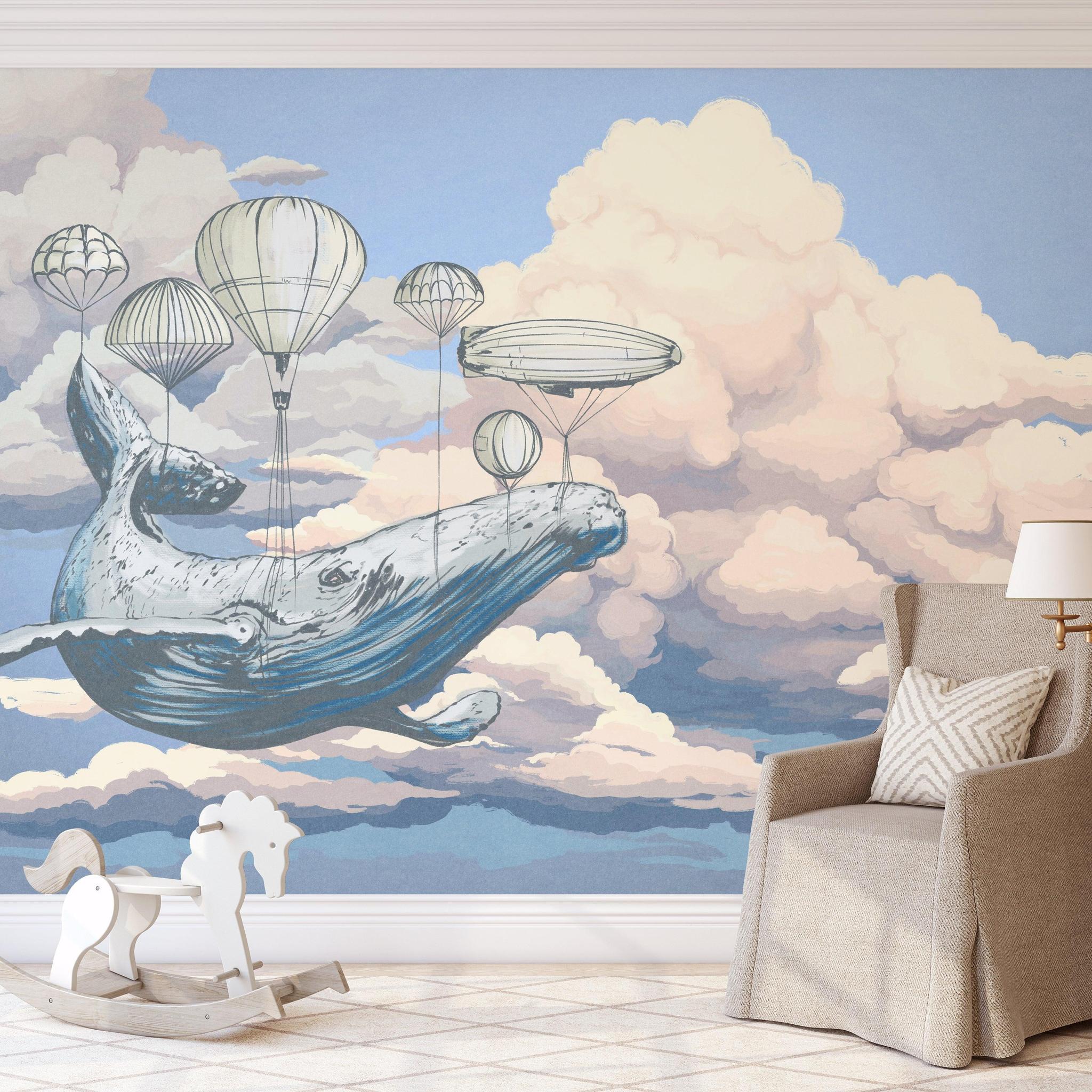Moby's Dream Wallpaper by Wall Blush SG02 in a cozy nursery room, with whimsical balloon and whale designs