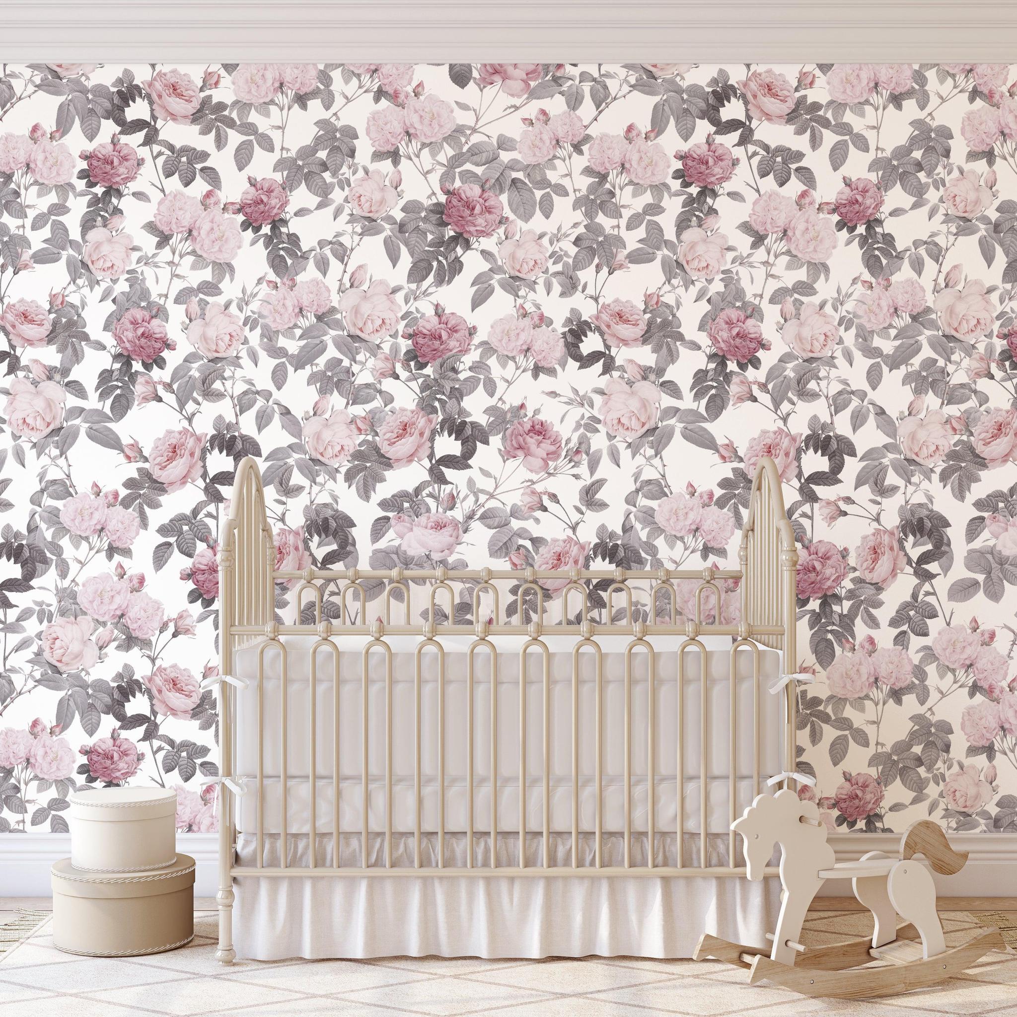 Elegant nursery room featuring Wall Blush SG02 Secret Garden (White) Wallpaper with floral design.