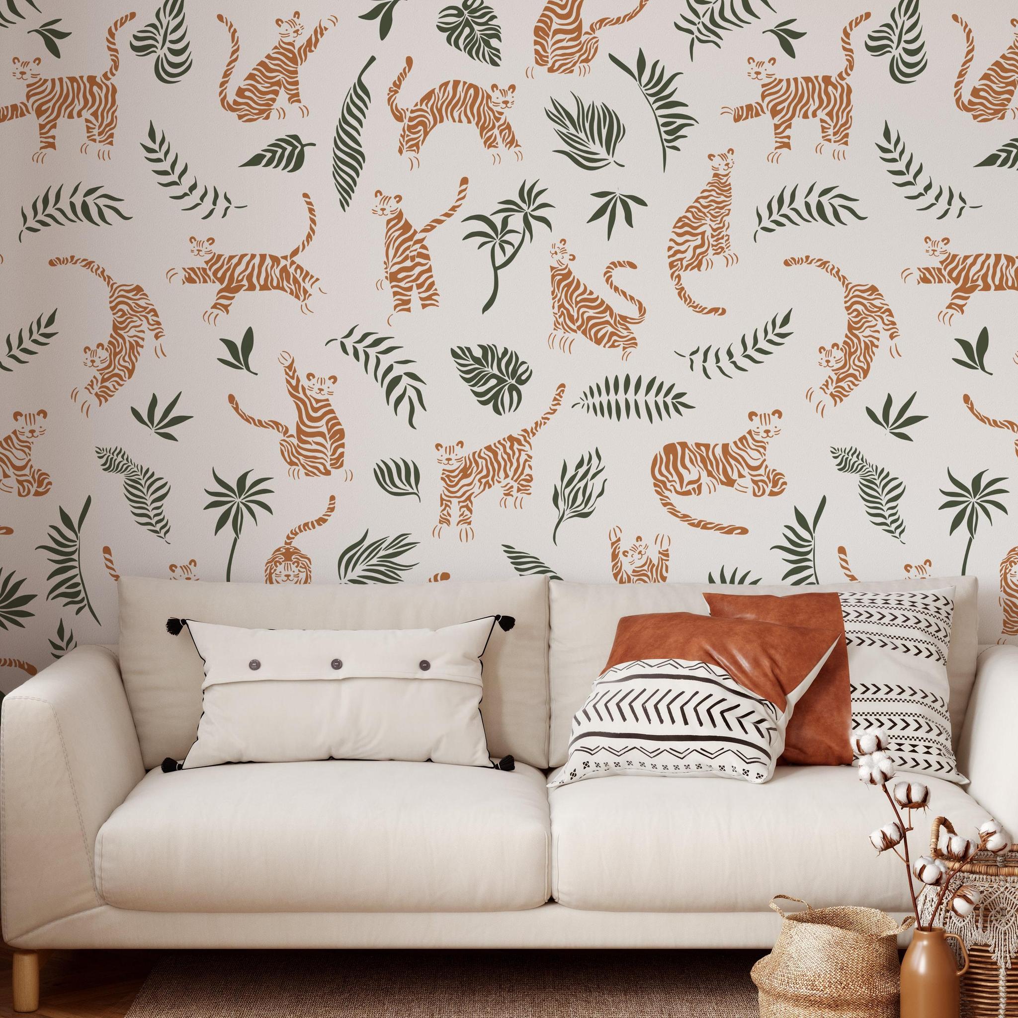 Living room with Wall Blush SG02's RAWR (White) Wallpaper featuring a playful tiger pattern.