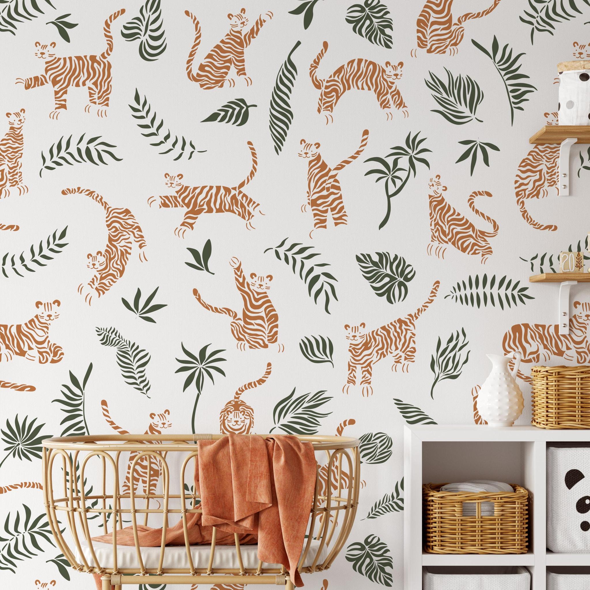 Wall Blush SG02 RAWR (White) Wallpaper in a stylish nursery, highlighting playful animal designs.