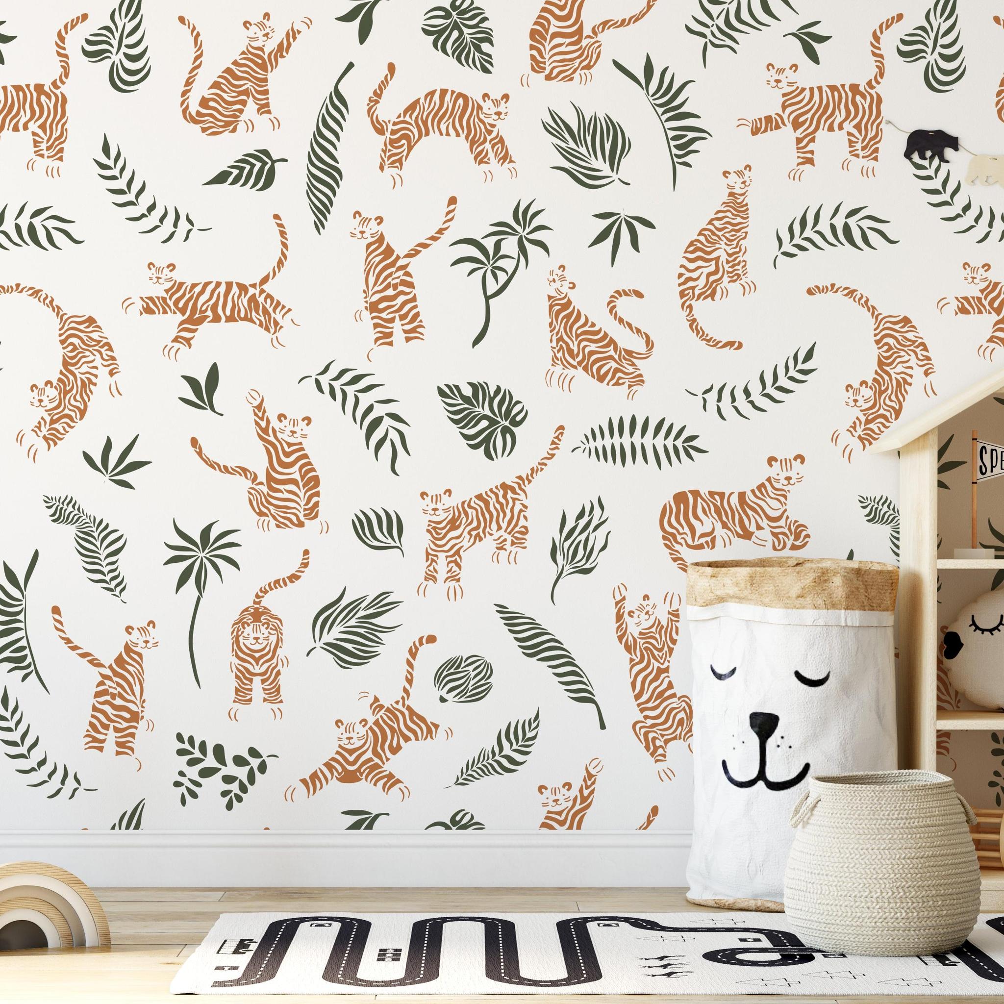 Wall Blush SG02's RAWR (White) Wallpaper gracing a child's room, focusing on playful tiger design.