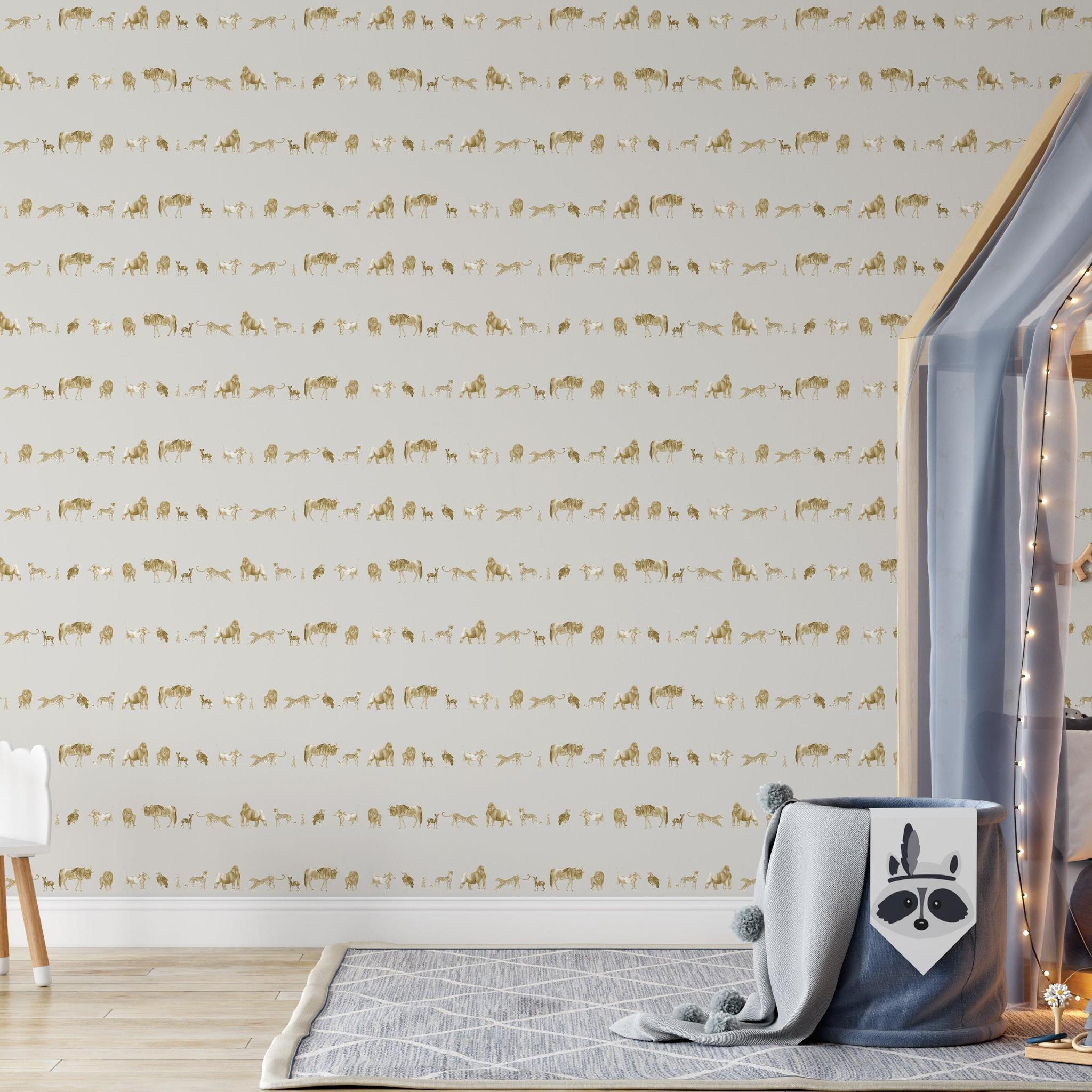 Child's bedroom featuring Wild Child Wallpaper by Wall Blush with animal patterns and cozy decor.