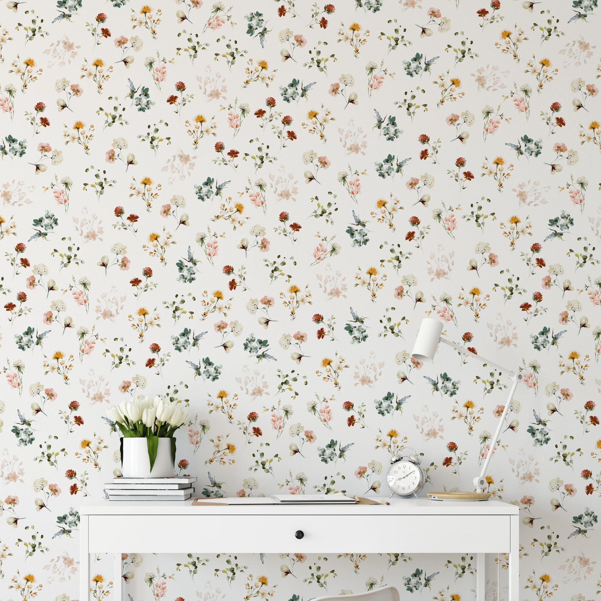 Wildflower Wallpaper by Wall Blush SG02 adorning a home office with elegant, nature-inspired design.