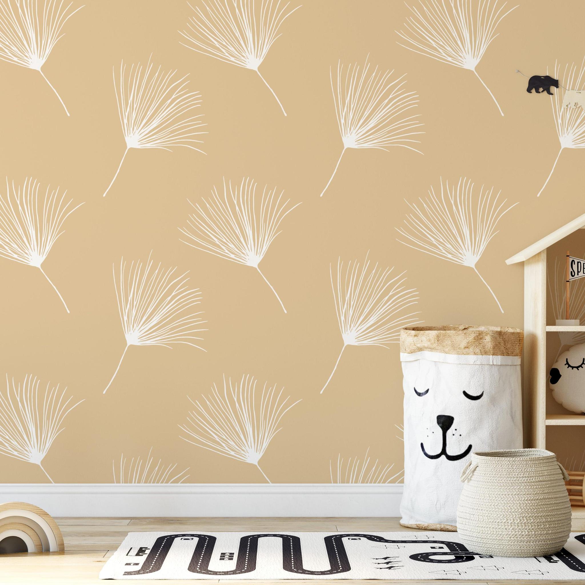Alt: Wish Wallpaper from The Minty Line enhancing a child's room with playful dandelion pattern focus.