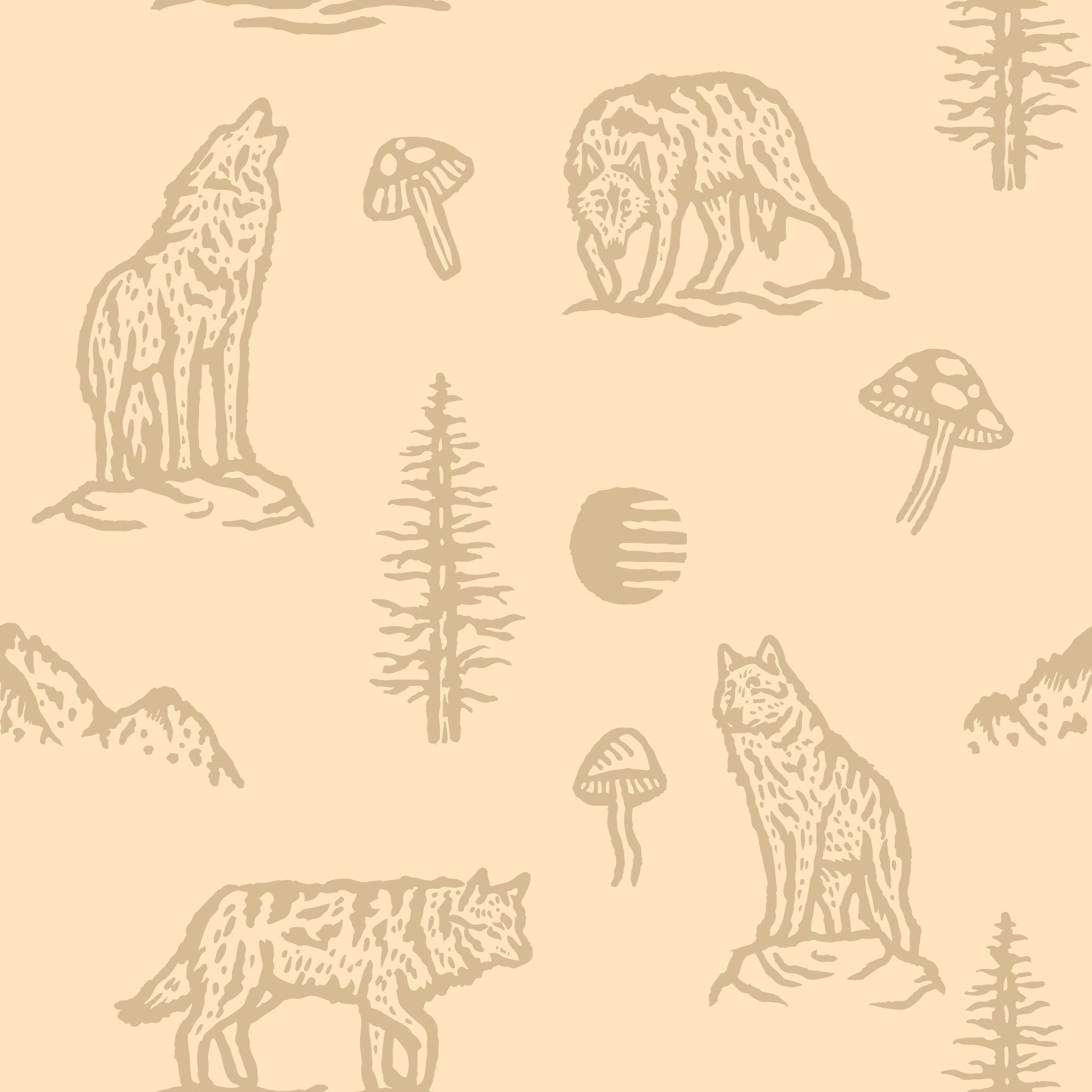 "Wall Blush's Into the Forest Wallpaper showcasing woodland motifs in a cozy bedroom setting, highlighting wallpaper details."