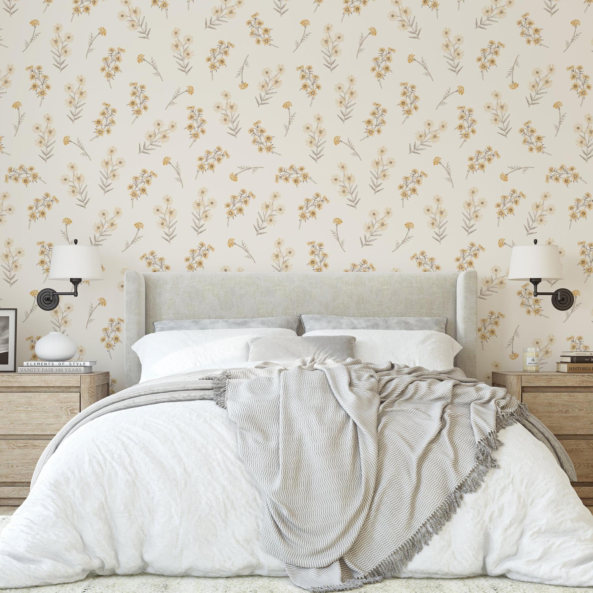 Lottie Wallpaper by Wall Blush SG02 highlighted in a cozy bedroom, showcasing elegant floral designs.