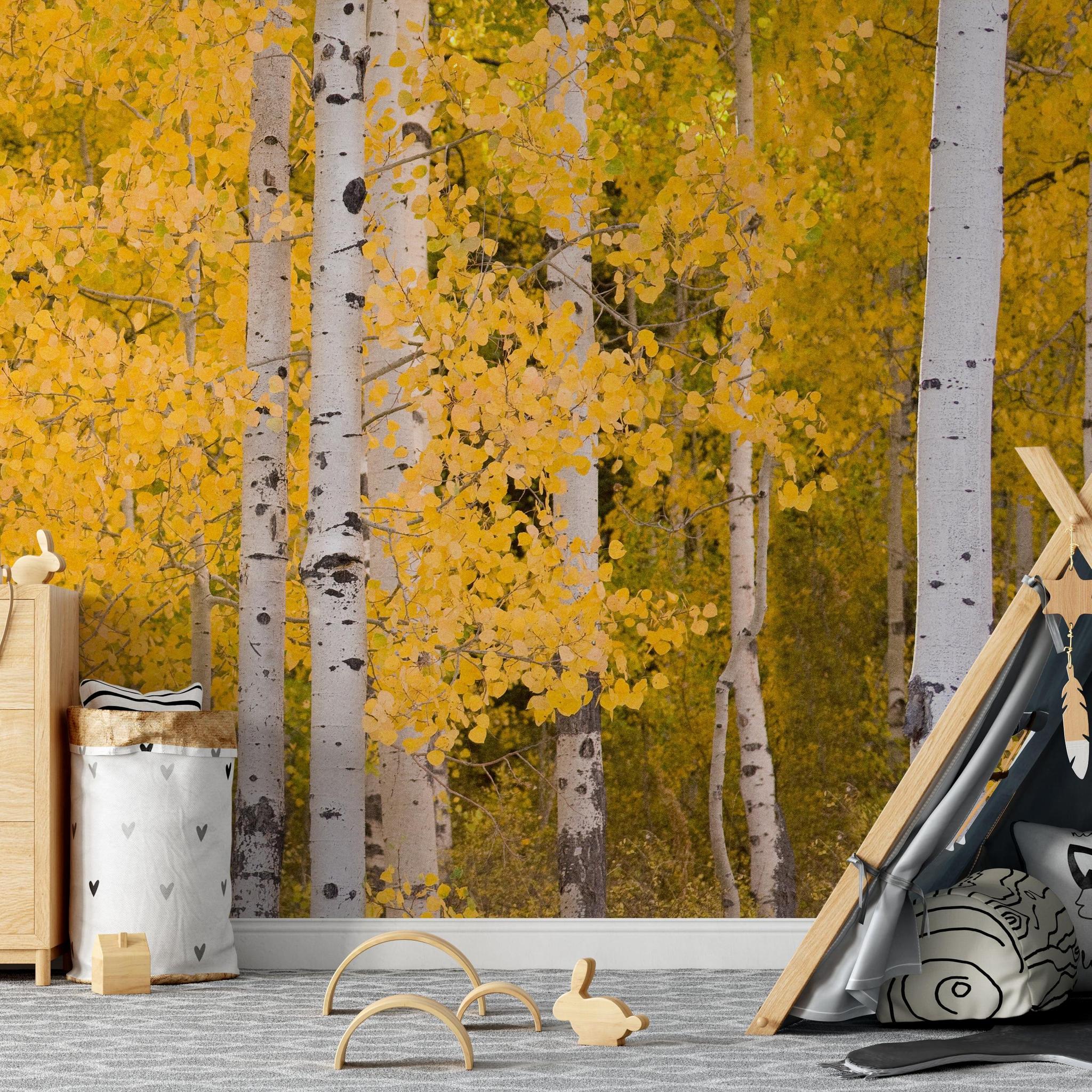 Wall Blush SG02 Aspen Wallpaper in a children's room with toy teepee and drawers, autumnal birch tree design focus.