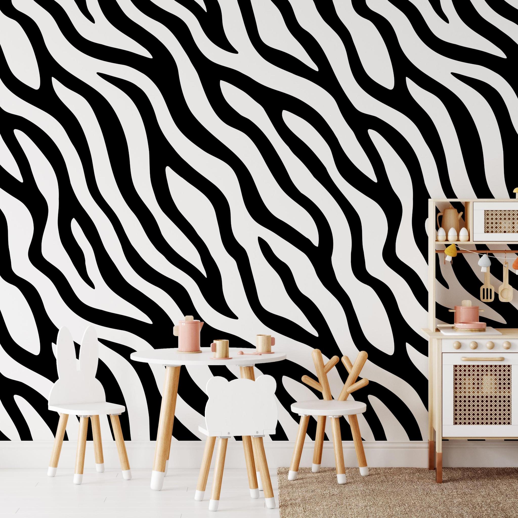 Dazzle Wallpaper from Wall Blush SG02 featuring bold patterns in a modern kids' room setting with playtable and toys.