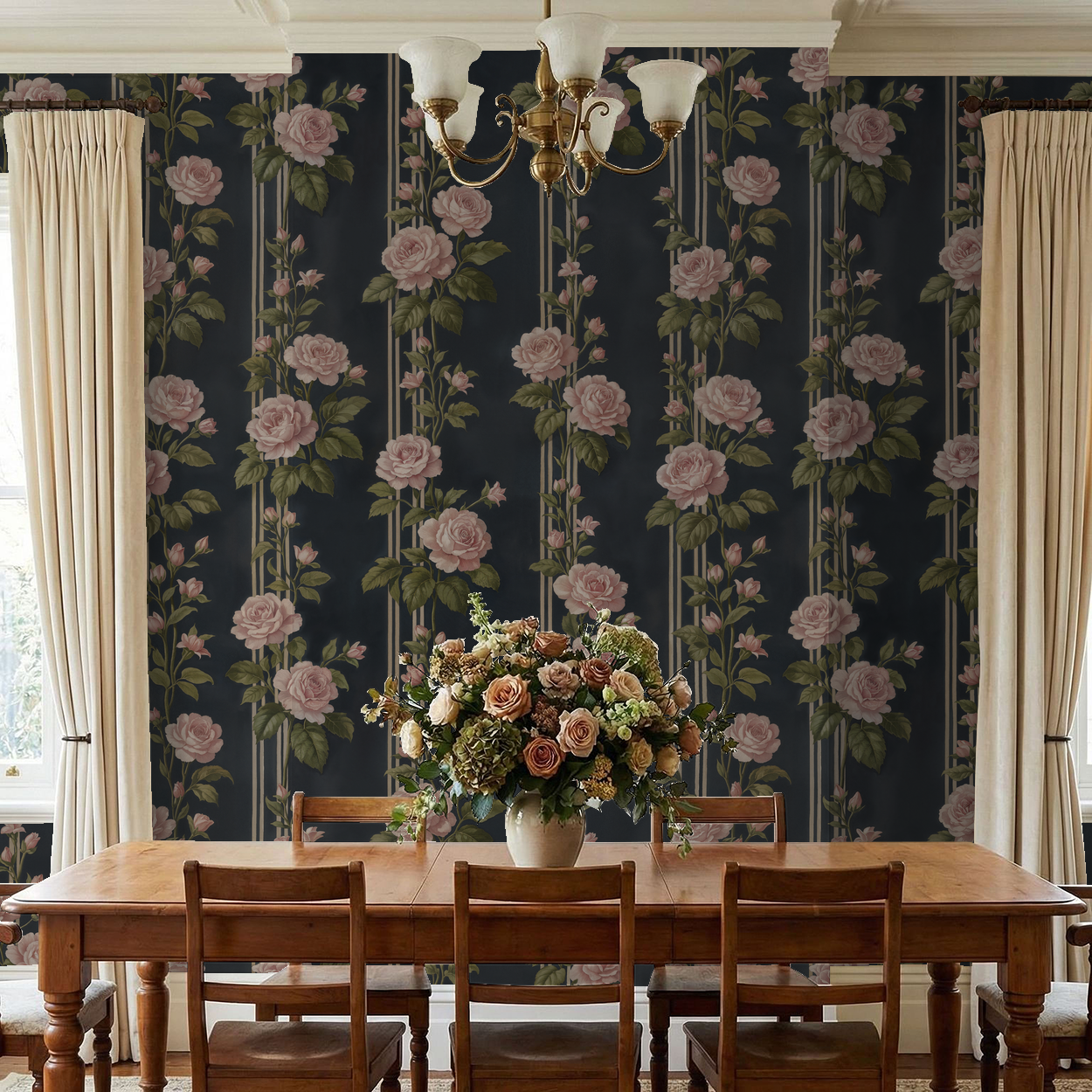 Midnight Rose Stripe Wallpaper - 8 FT H X 7 FT W Peel and Stick