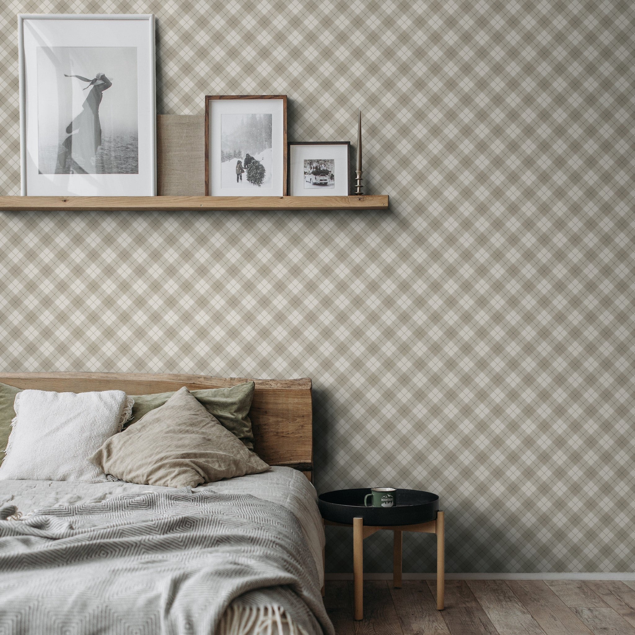 "Elegant Gilmore Wallpaper by Wall Blush in cozy bedroom setting, showcasing stylish wall decor focus."