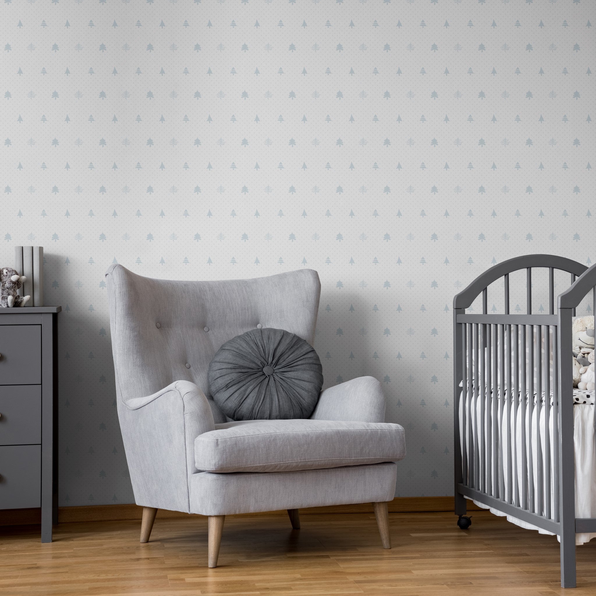 "Noble Wallpaper by Wall Blush in a cozy nursery, featuring stylish accent chair and crib."