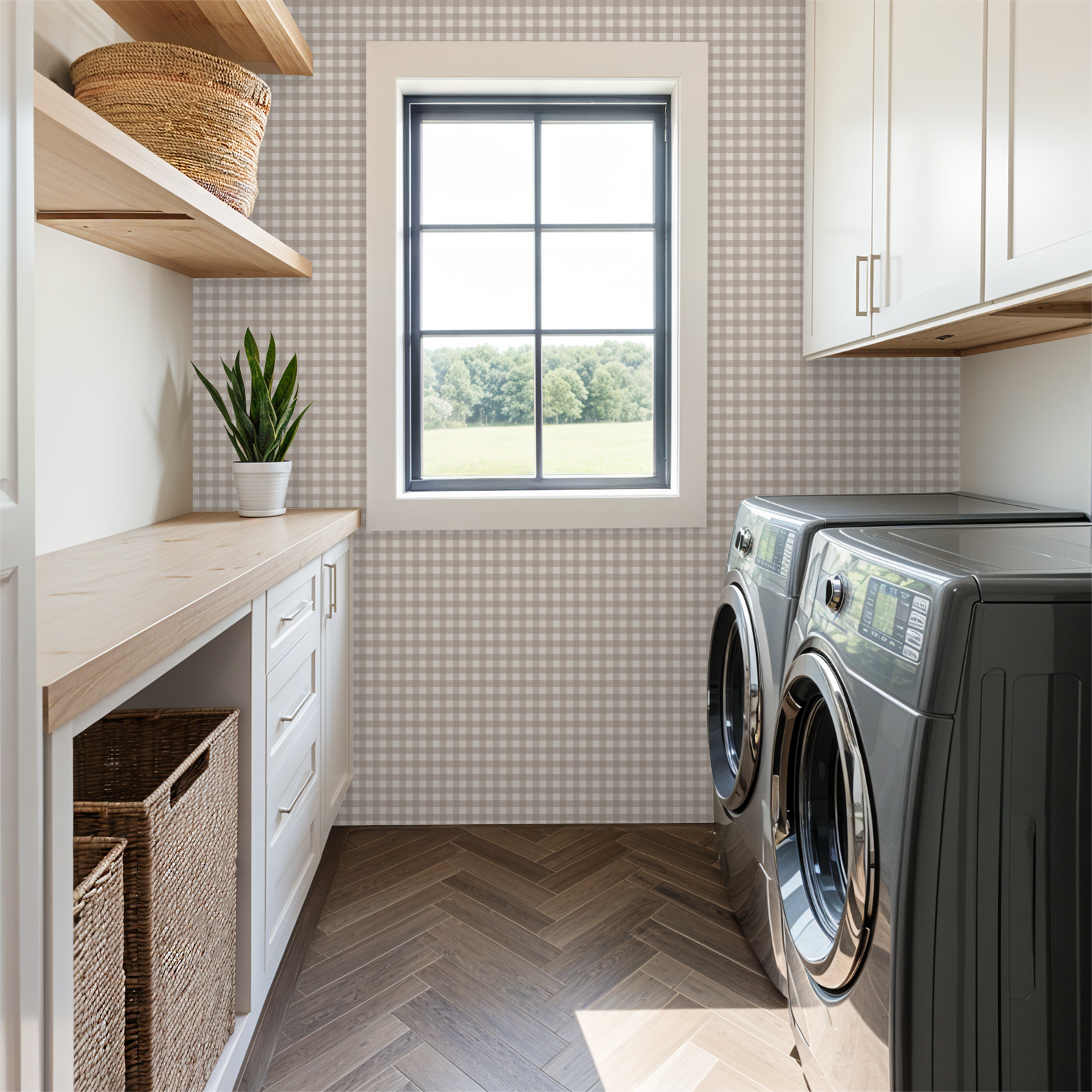Willowside Gingham (Tan) Wallpaper - 8 FT H X 10 FT W Luxe Peel and Stick