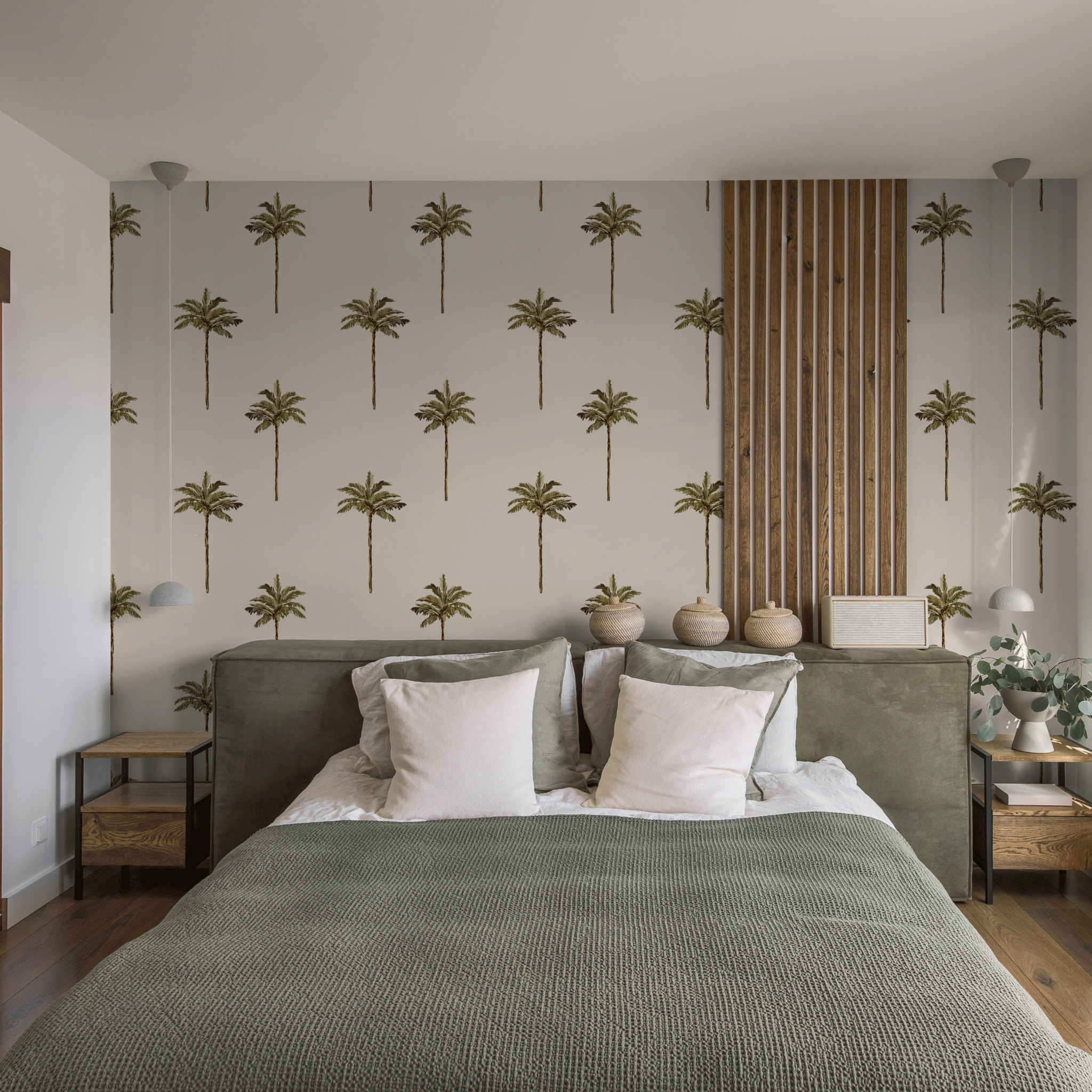 Bay of Palms wallpaper by Wall Blush AW01 in contemporary bedroom with tropical motif focus.
