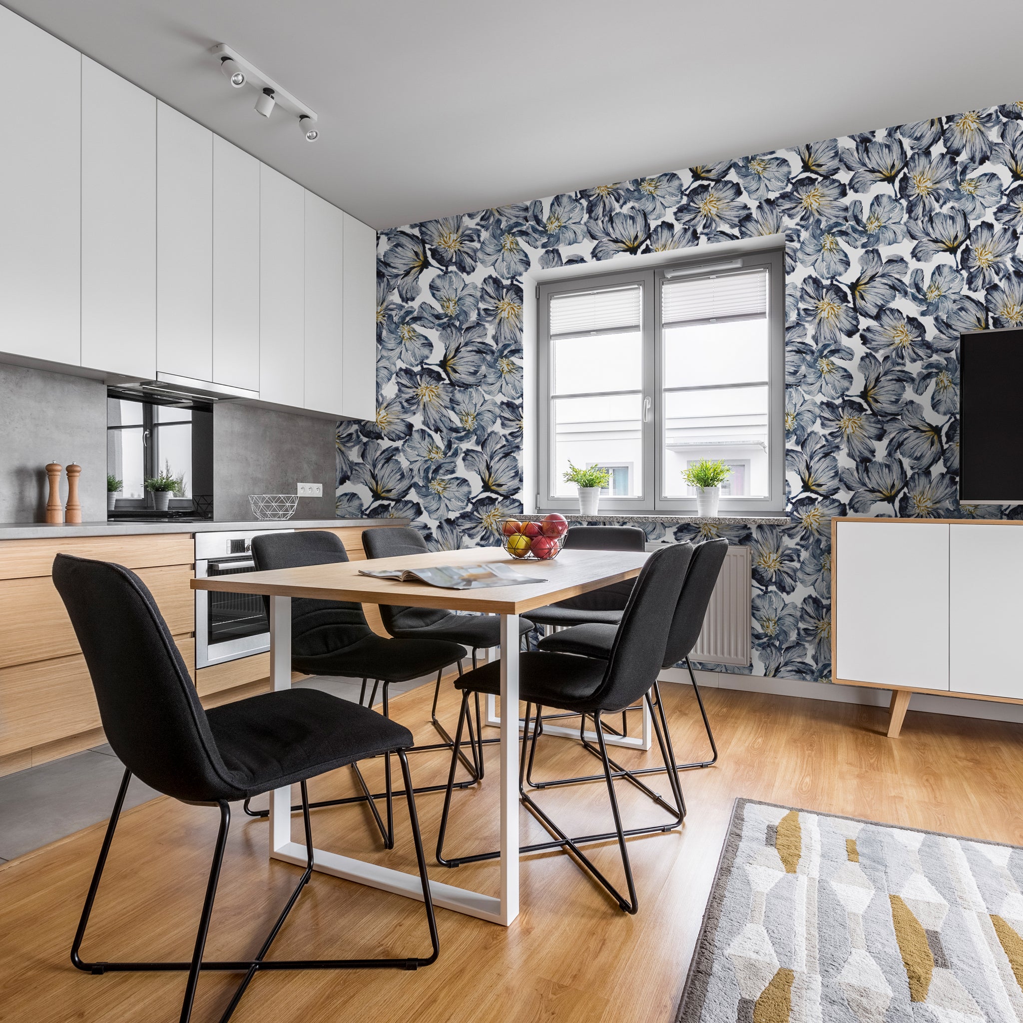 "Brie Wallpaper by Wall Blush enhancing the dining area with its elegant floral pattern."