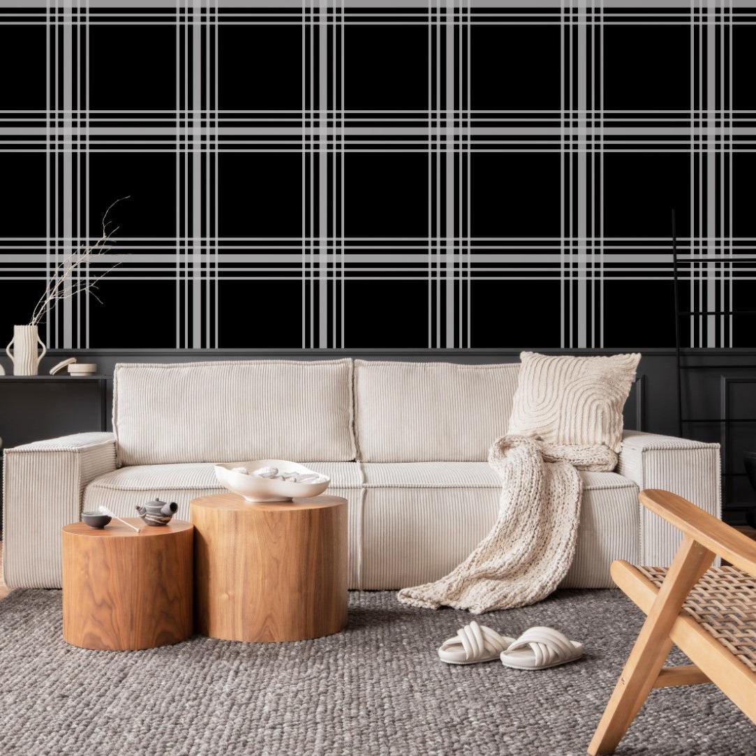 Davenport Wallpaper from The Chelsea DeBoer Line in a stylish living room, highlighting bold patterns.
