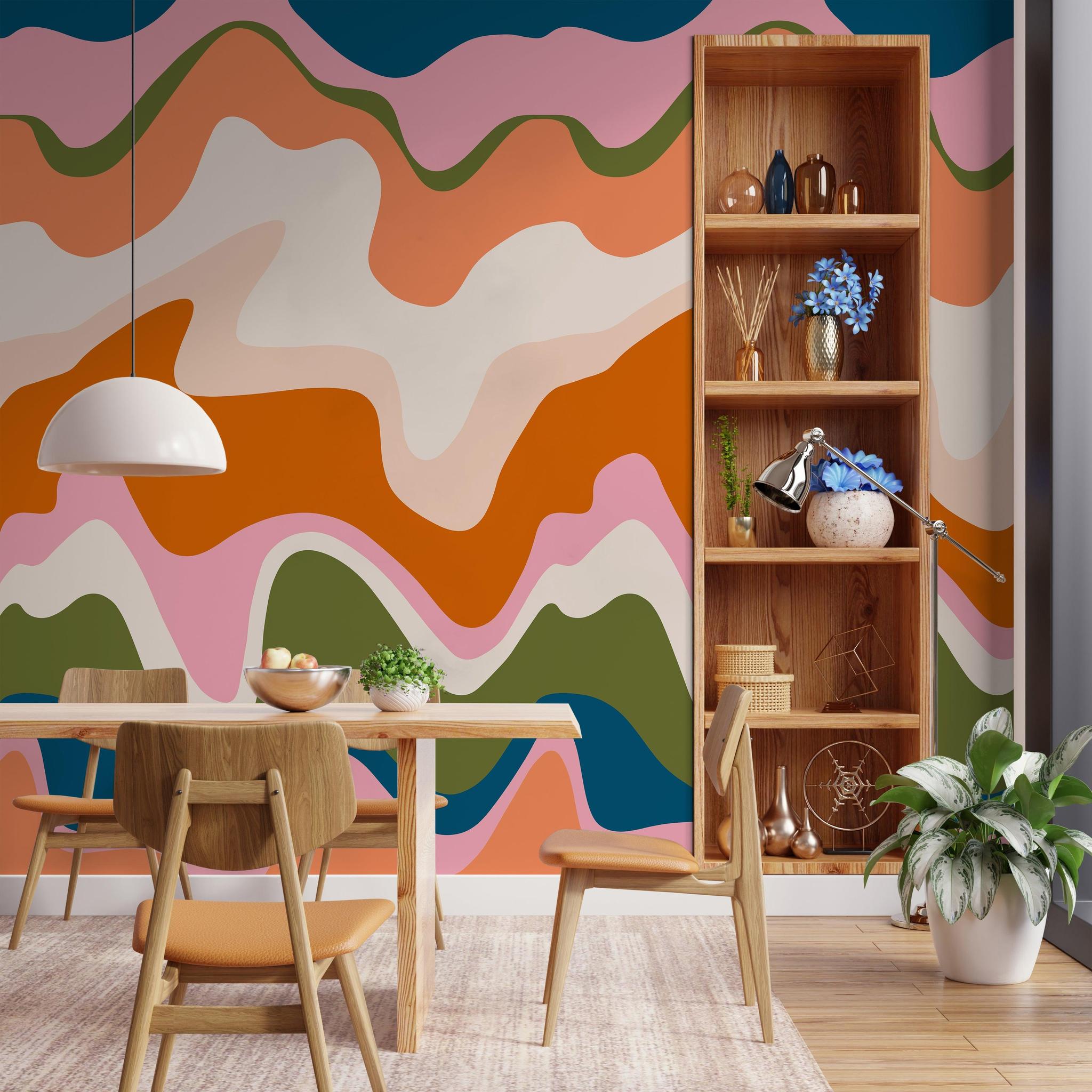 Echo Wallpaper from The Stefanie Bloom Line featured in modern dining room, showcasing vibrant pattern focus.
