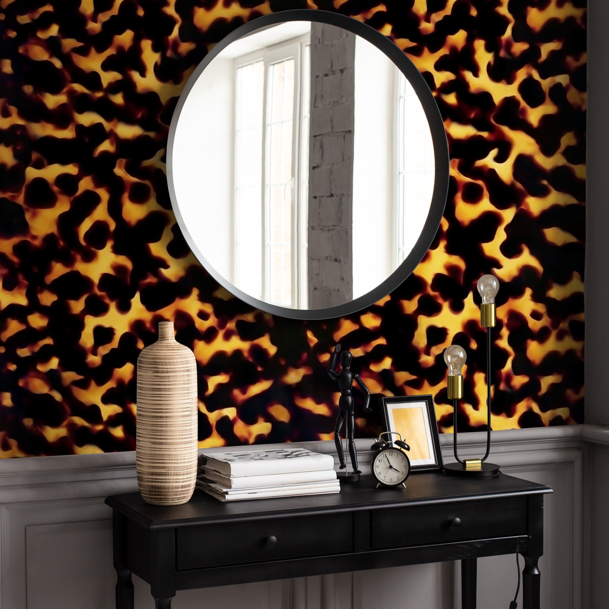 "Hathaway Wallpaper in stylish leopard print by Wall Blush enhances modern living room decor."
