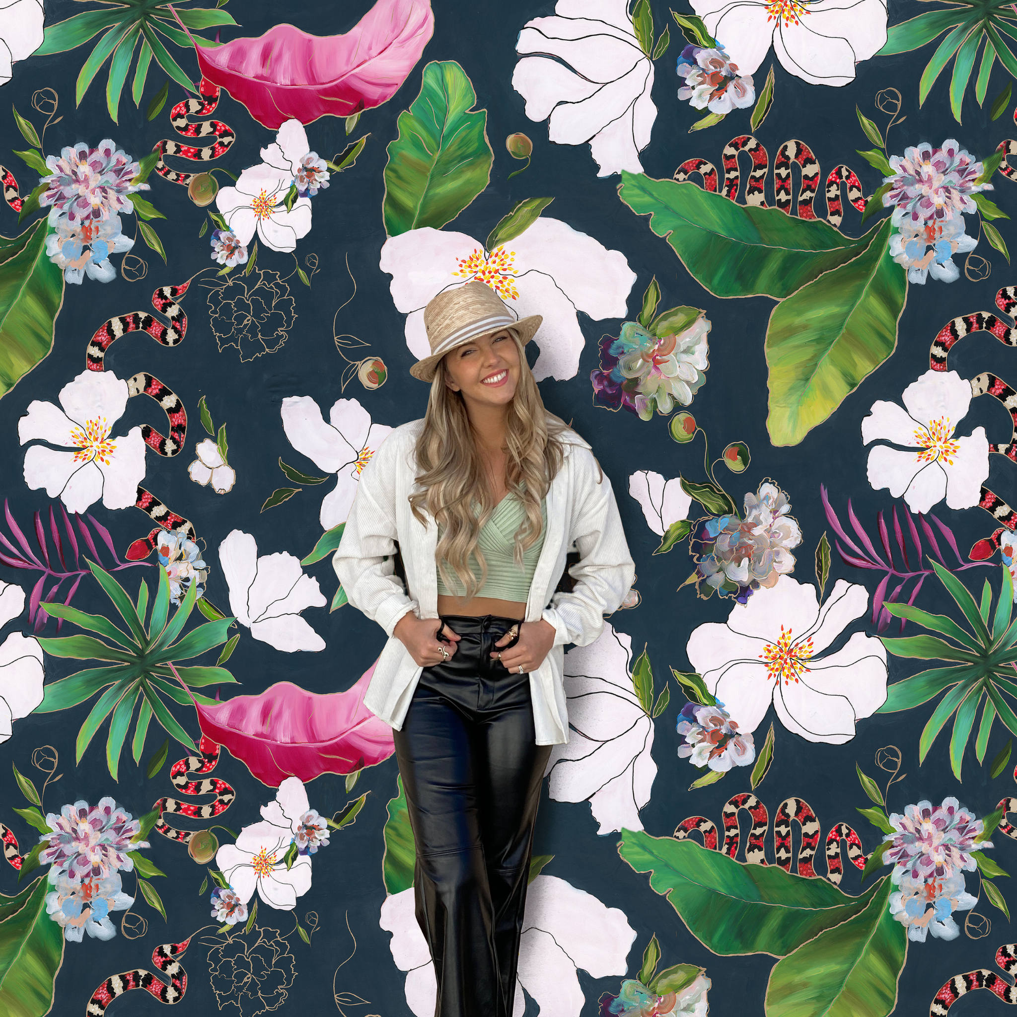 "Imogen Wallpaper by Wall Blush highlights a chic, botanical design in a stylish living space."